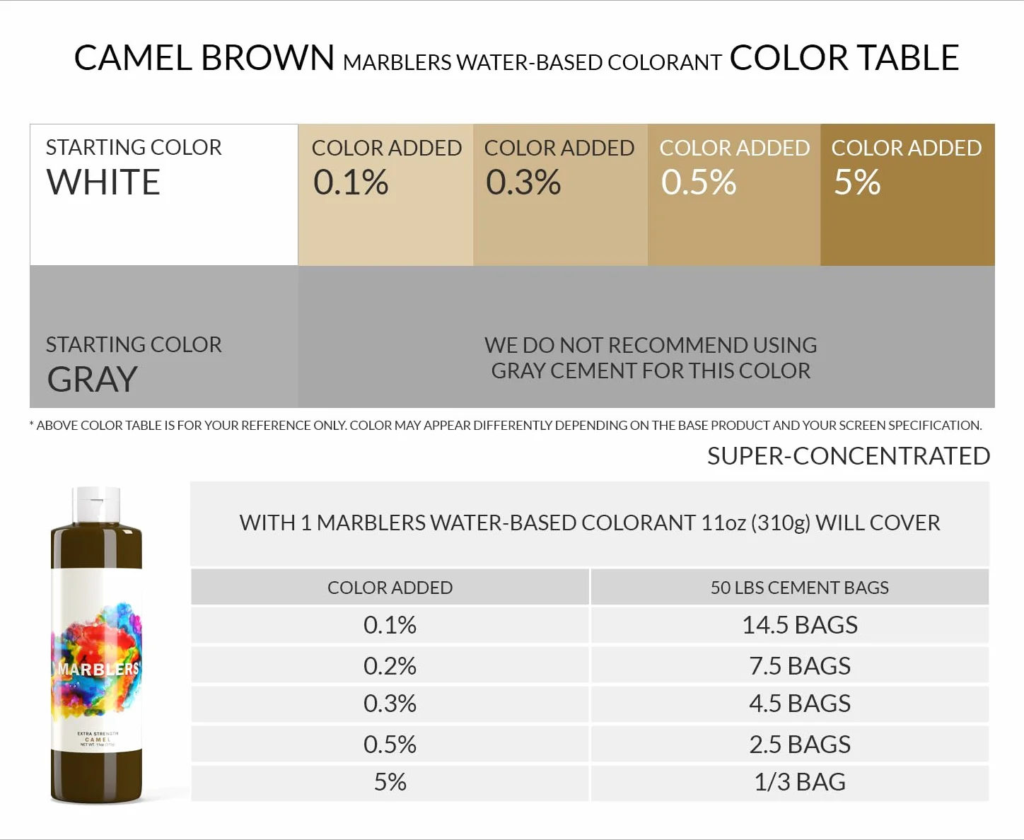 MARBLERS Colorant liquide 310g Brun Chameau Super concentré Pigment pour béton ciment mortier