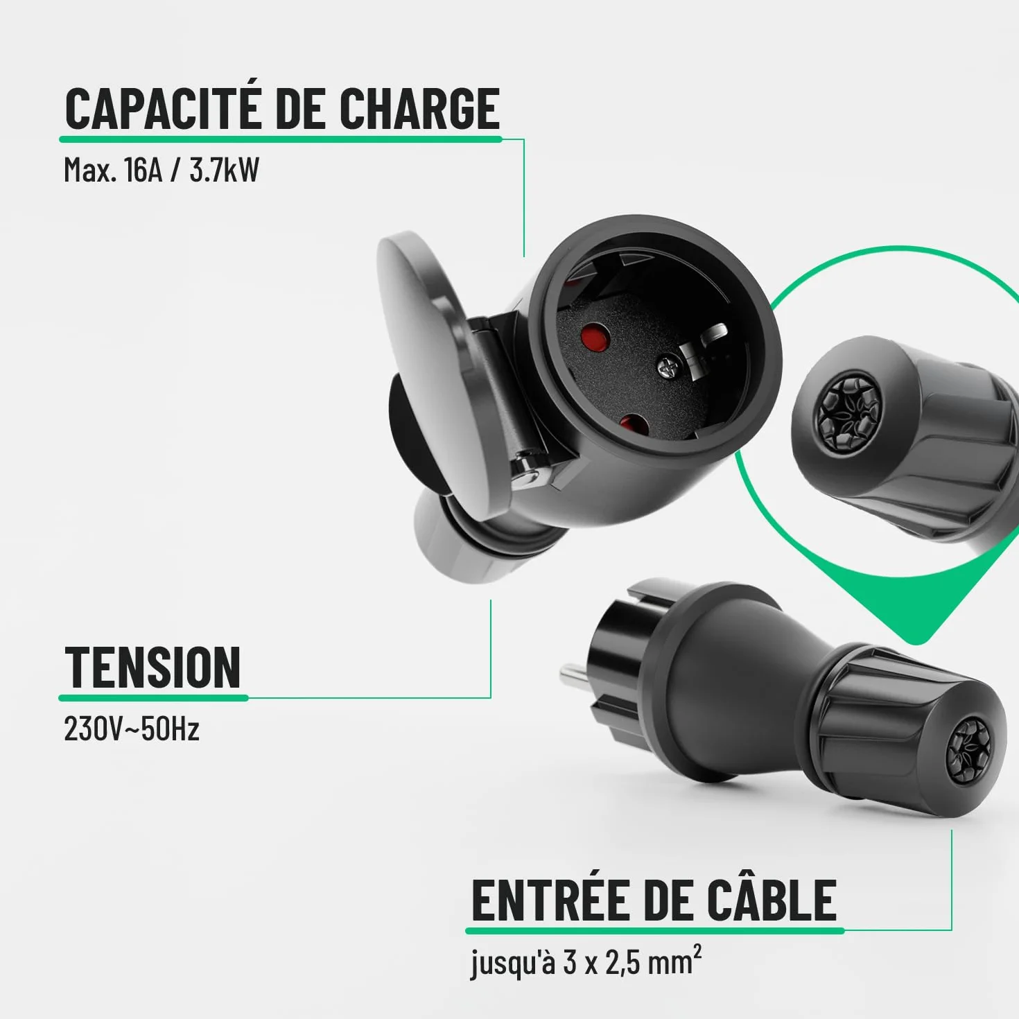 Lot de 1 prise mâle + 1 prise femelle Schuko étanche IP54 230V 16A 3,7kW