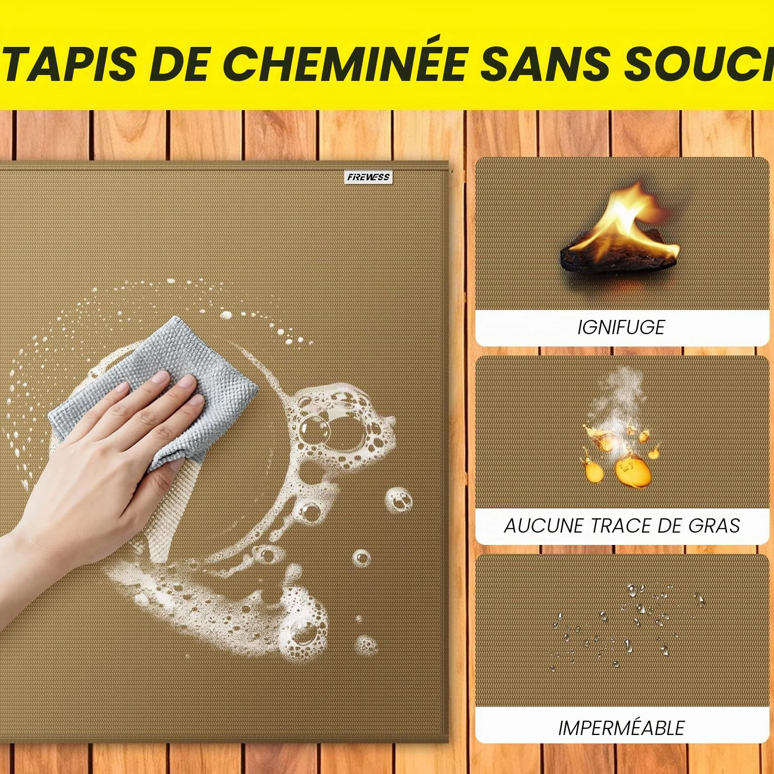 Tapis de cheminée ignifugé anti feu 105 x 60 cm Marron