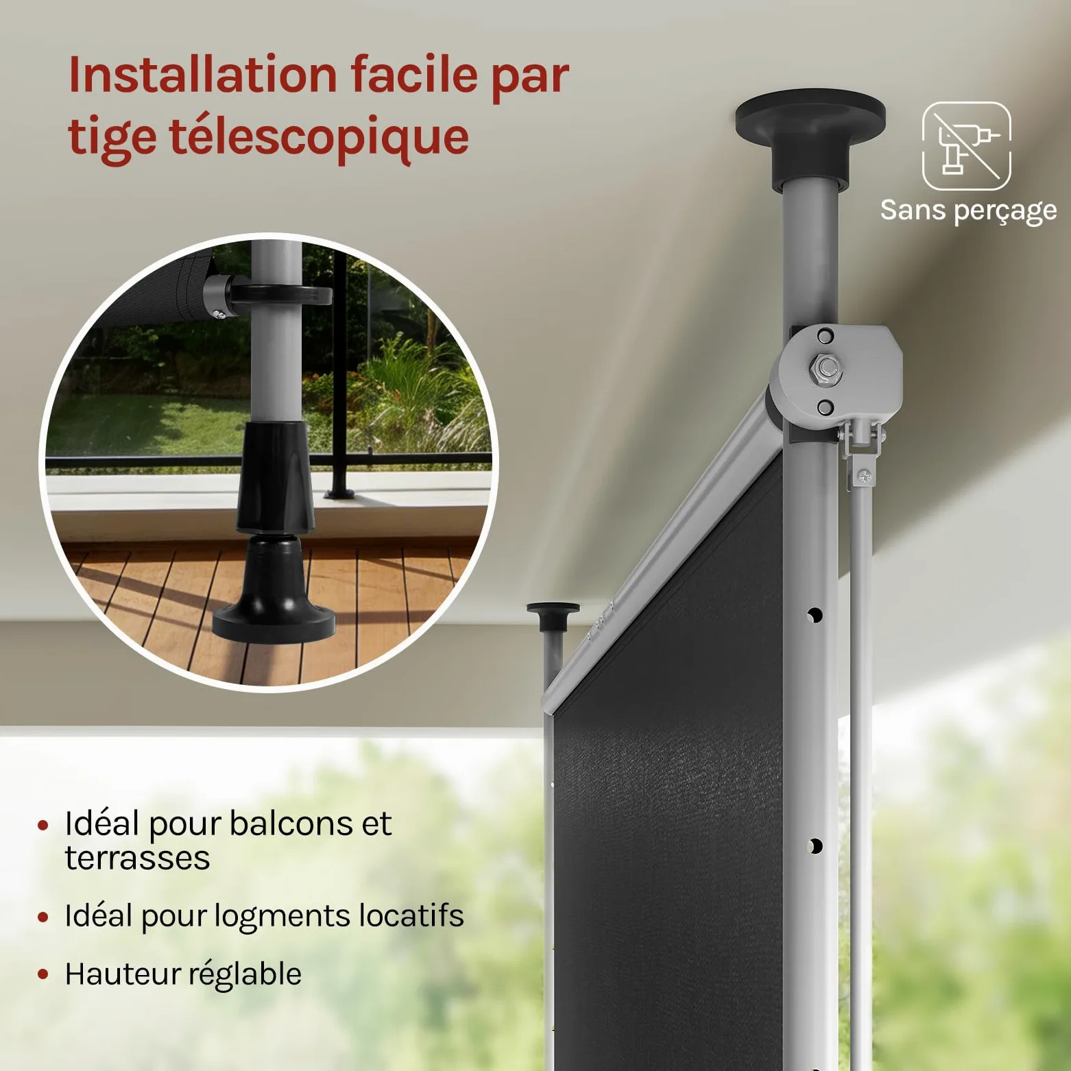 WOLTU Store Vertical Rétractable avec Manivelle, 200x310 cm, Brise-Vue Vertical Balcon, en Tissu Opaque, Protection Solaire, Résistant aux Intempéries, Montage sans Perçage, en Gris