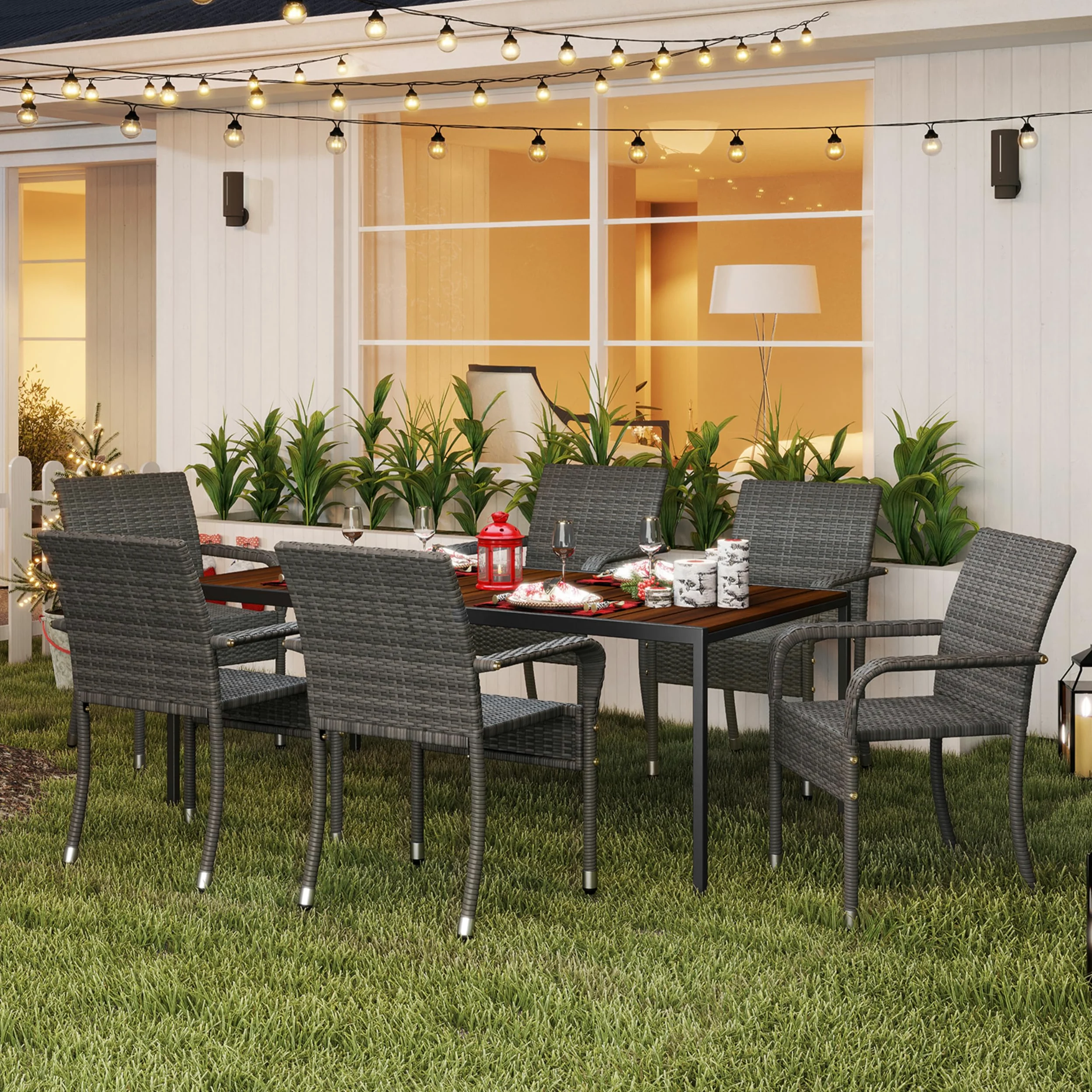 Abician Lot de 6 Chaises de Jardin en Rotin Synthétique Fauteuils Empilables d'Extérieur avec Accoudoirs Cadre en Métal Terrasse Véranda Balcon Salon Salle à Manger Gris