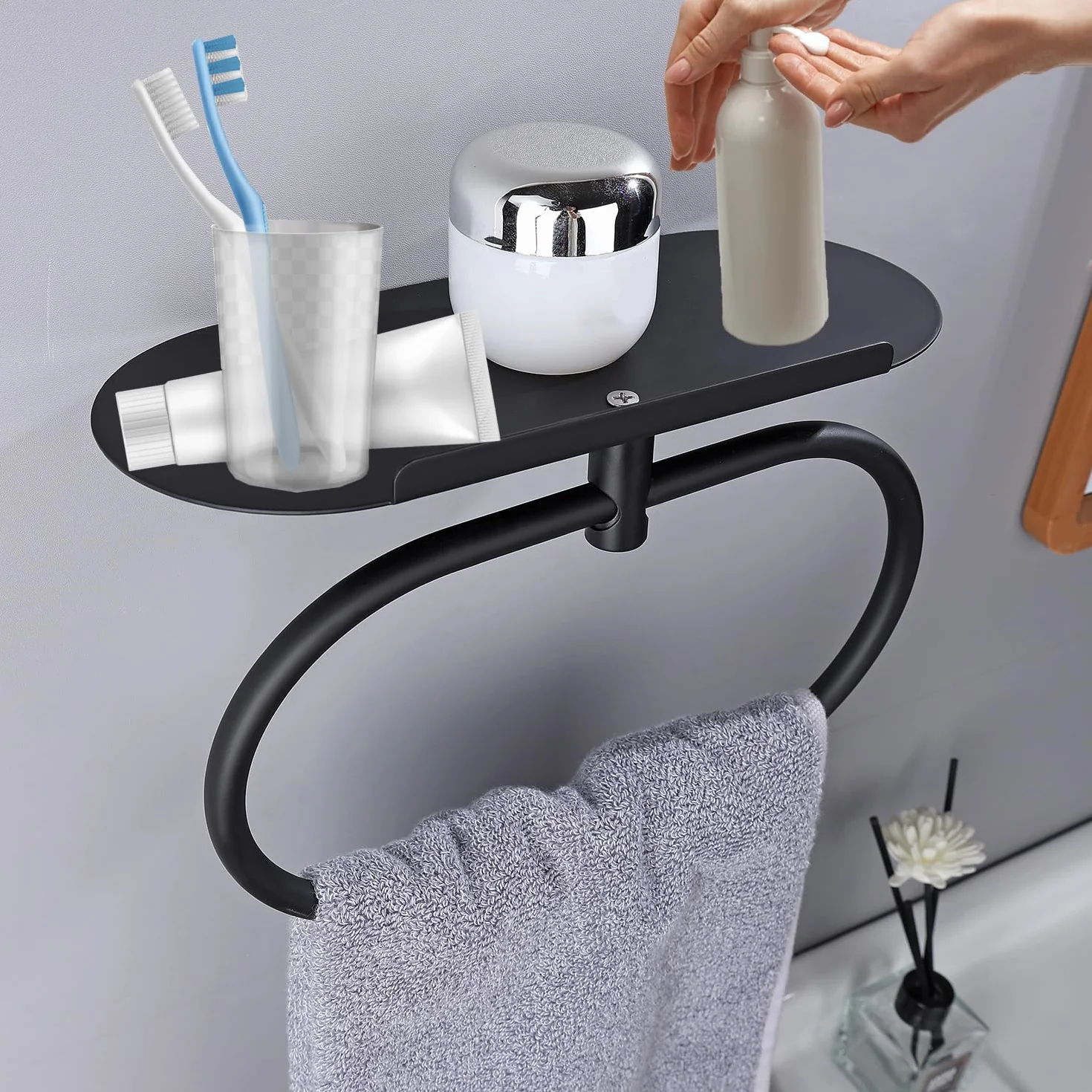 DIY ZON Anneau Porte-Serviettes Acier Inoxydable Auto-Adhésif Mural Salle de Bain Cuisine Noir