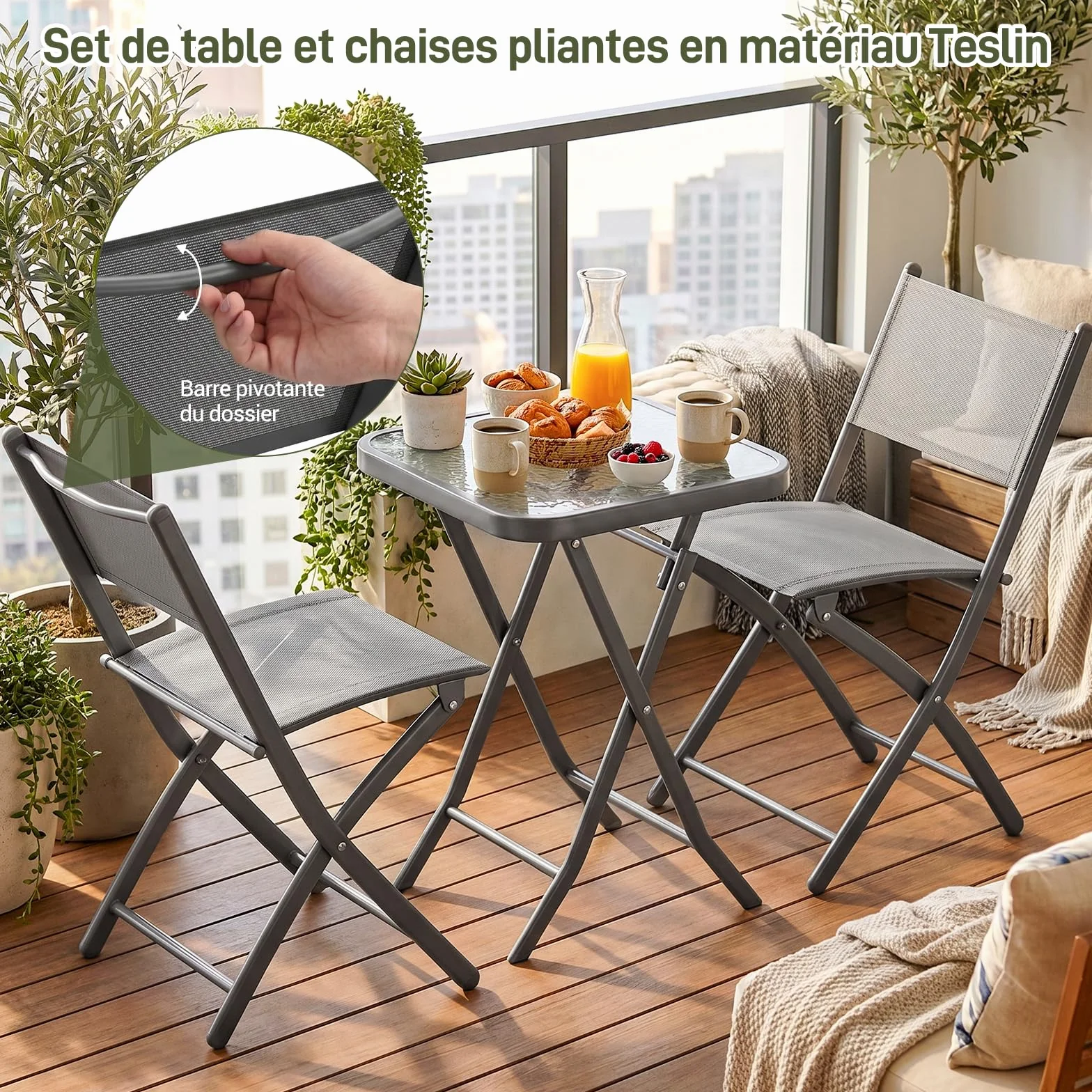 LIFERUN Ensemble Bistrot de Jardin 3 Pièces Pliantes, Table et 2 Chaises, Tissu Textilène, Gris