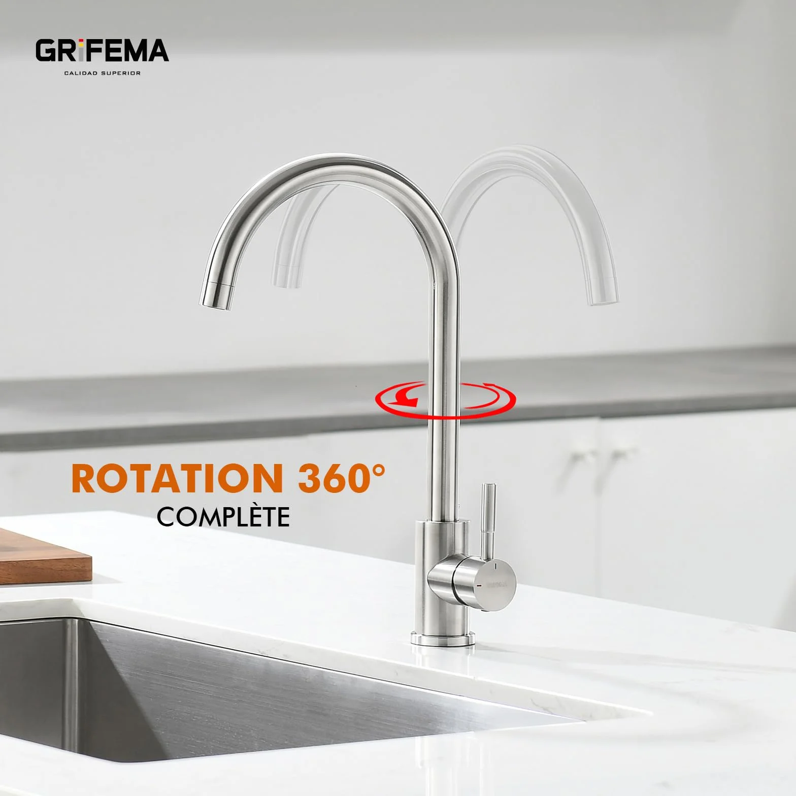 GRIFEMA G4008 Robinet de Cuisine Mitigeur Évier à Poignée Unique, Arc Élevé 360, Acier Inoxydable