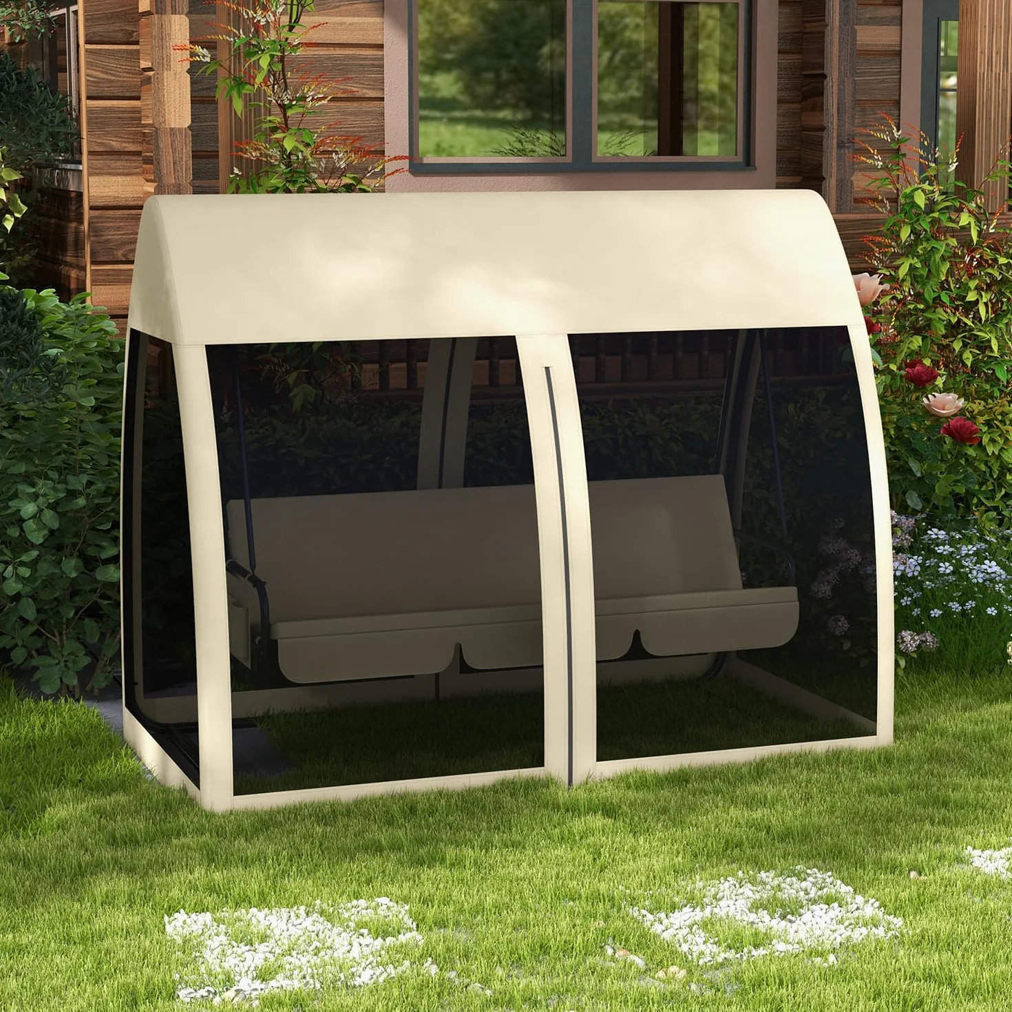 Outsunny Balancelle de Jardin Convertible 3 Places avec Auvent et Coussins, Beige