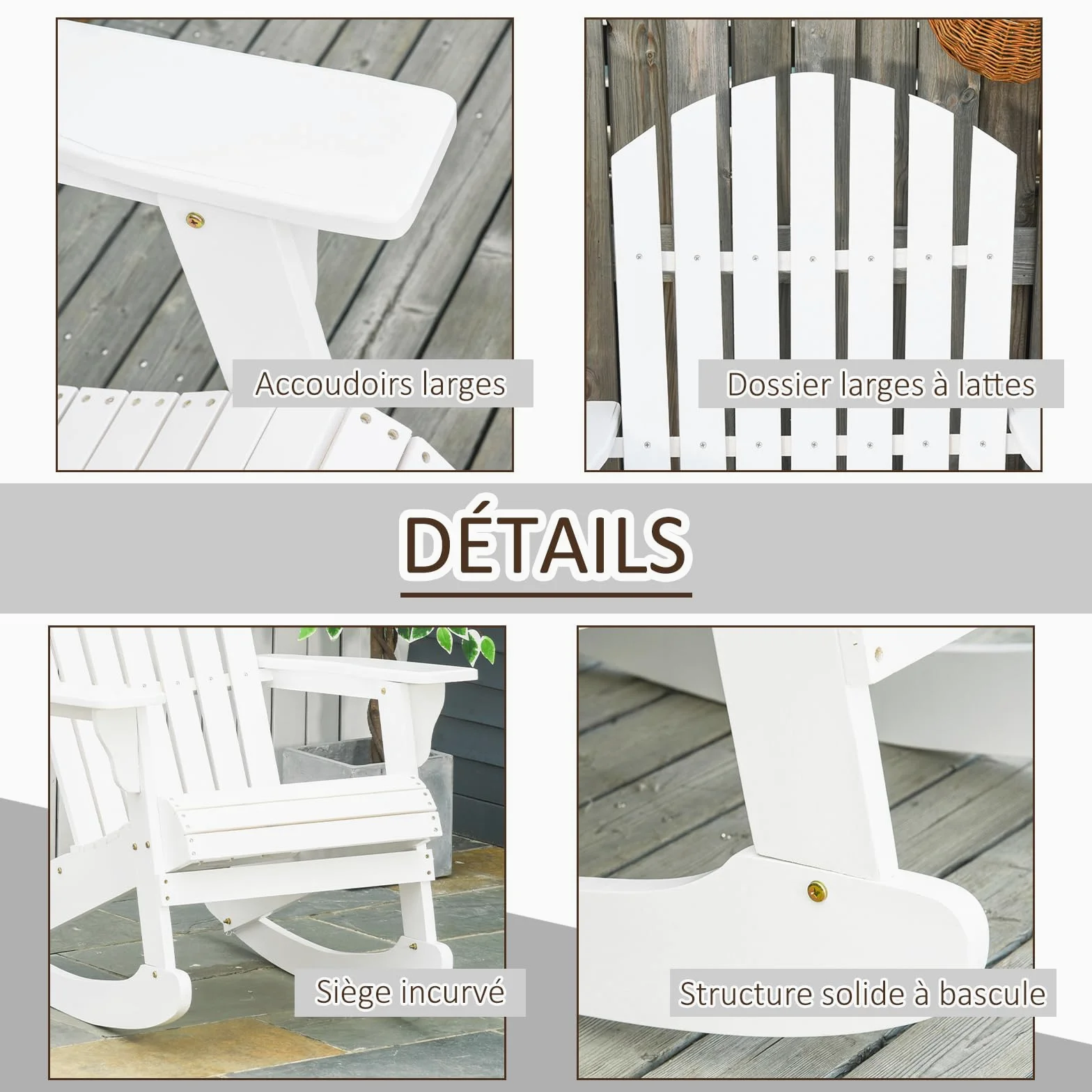 Outsunny Fauteuil de Jardin Adirondack à Bascule Rocking Chair Assise Dossier Ergonomique Style néo-rétro en Bois Massif traité Peint Blanc