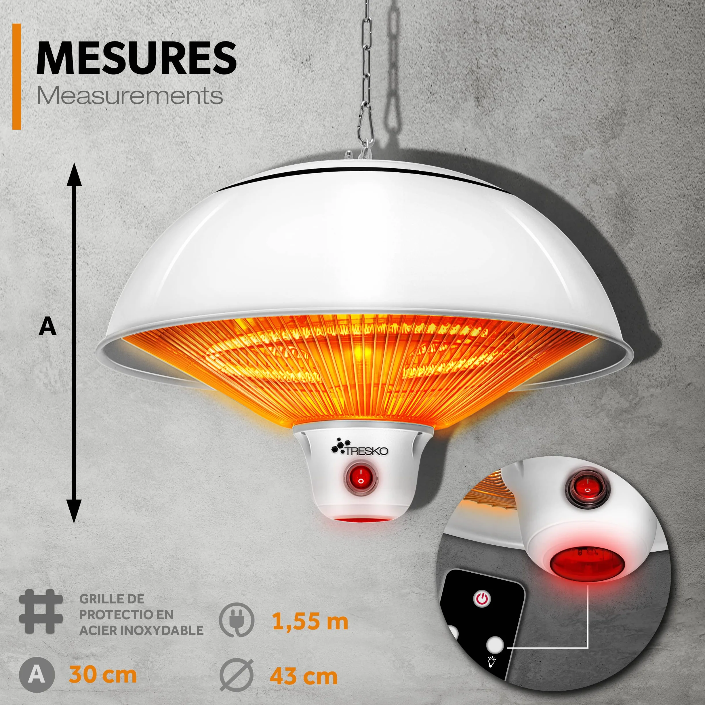 TRESKO Radiateur Infrarouge Plafond 1500W avec Télécommande et Affichage LED 3 Niveaux de Chaleur Blanc