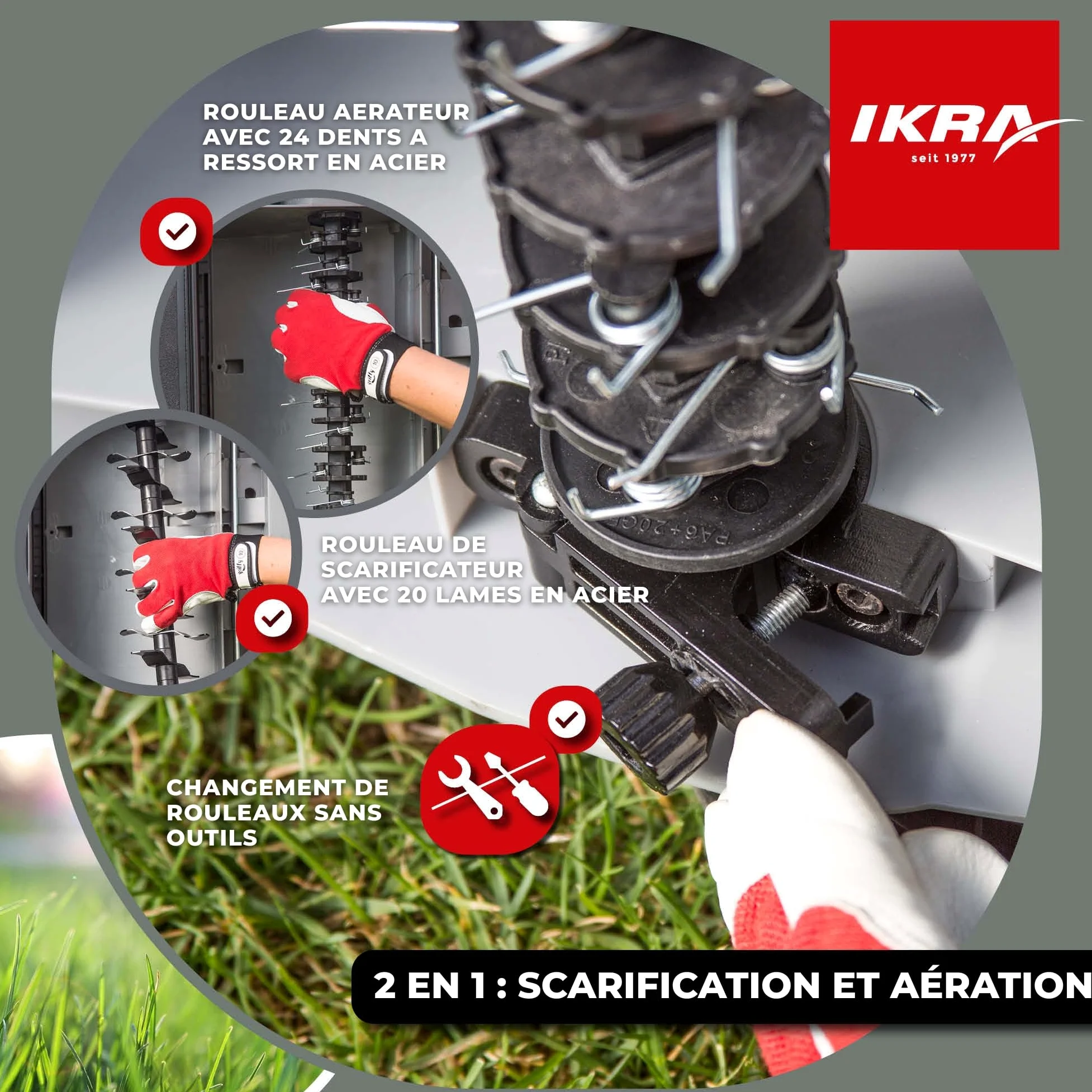IKRA scarificateur aérateur électrique IEVL 1840, largeur de travail 40cm, puissance 1.800 watts, Gris/Rouge