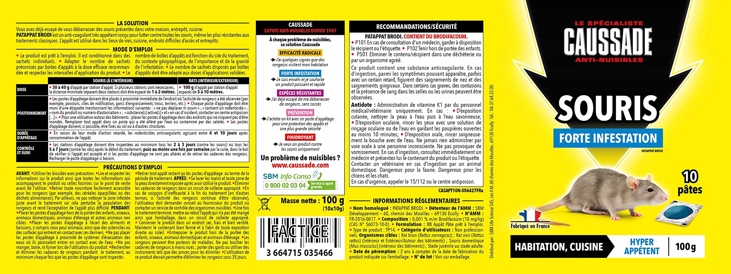 Caussade Anti-Souris - Forte Infestation - Lieux secs & humides - 10 Sachets pâtes - Prêt à l'emploi - Une Ingestion Suffit - Fabriqué en France - 100g - CASAPT10N