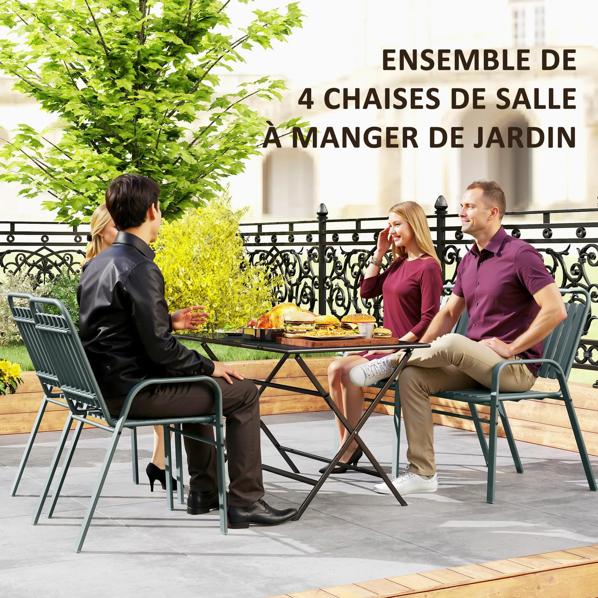Outsunny Lot de 4 chaises de Jardin chaises empilables d'extérieur avec Haut Dossier et accoudoirs, Cadre en Acier pour Jardin, Piscine, terrasse, Gris