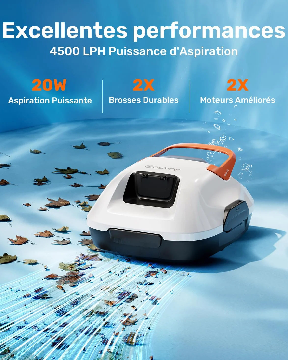 Gosvor Robot de Piscine Hors-Sol sans Fil – 90 Min d’Autonomie, Aspiration Puissante 6600 L/h, Nettoyage Automatique avec Stationnement Intelligent, pour Piscines Jusqu’à 80 m²