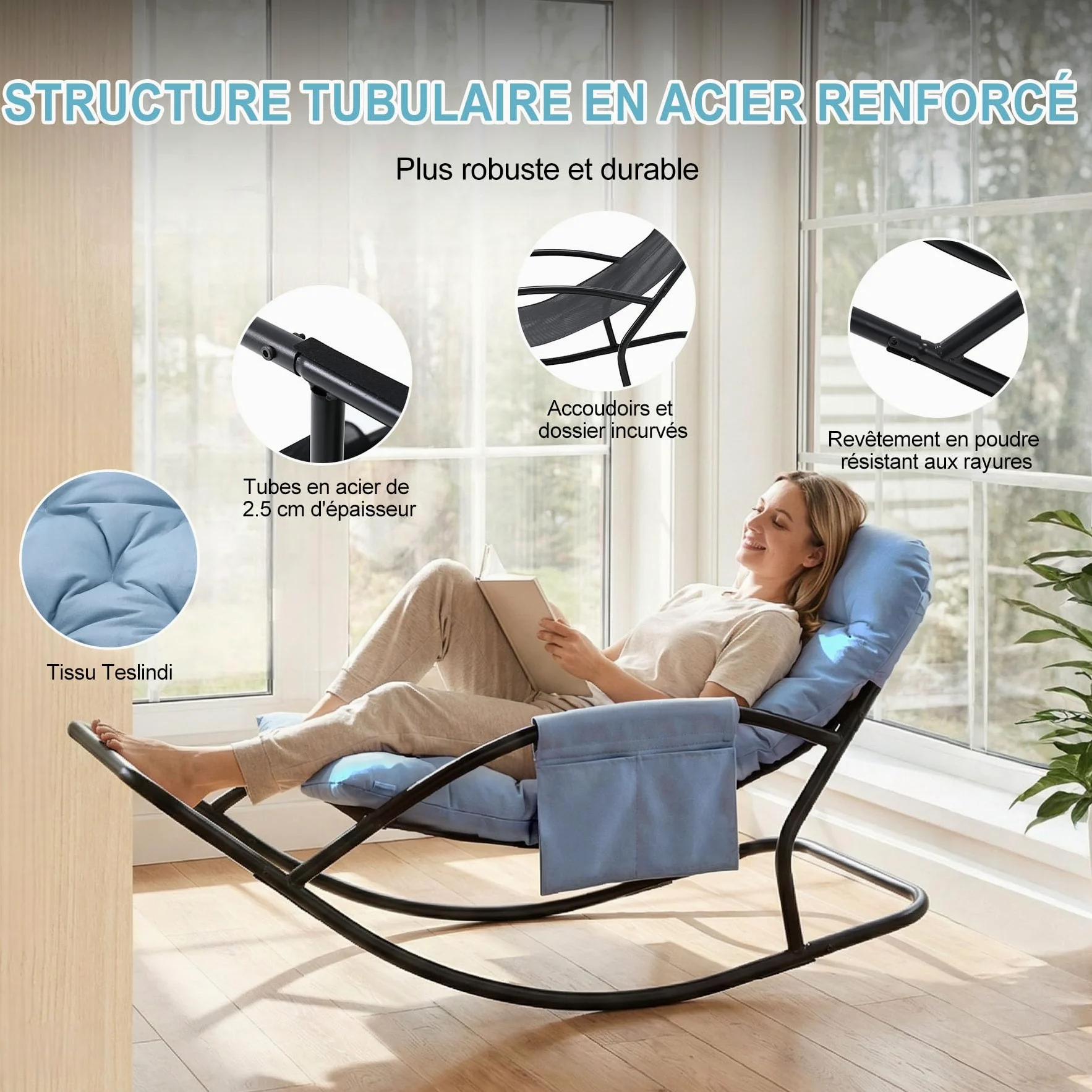 Fauteuil à Bascule Extérieur, Rocking Chair Papasan avec Coussin et Cadre, Cadre en métal Soutien des Pas, pour Chambre, Salon, Terrasse, Jardin,capacité de Charge 120 kg,Tissu Technique