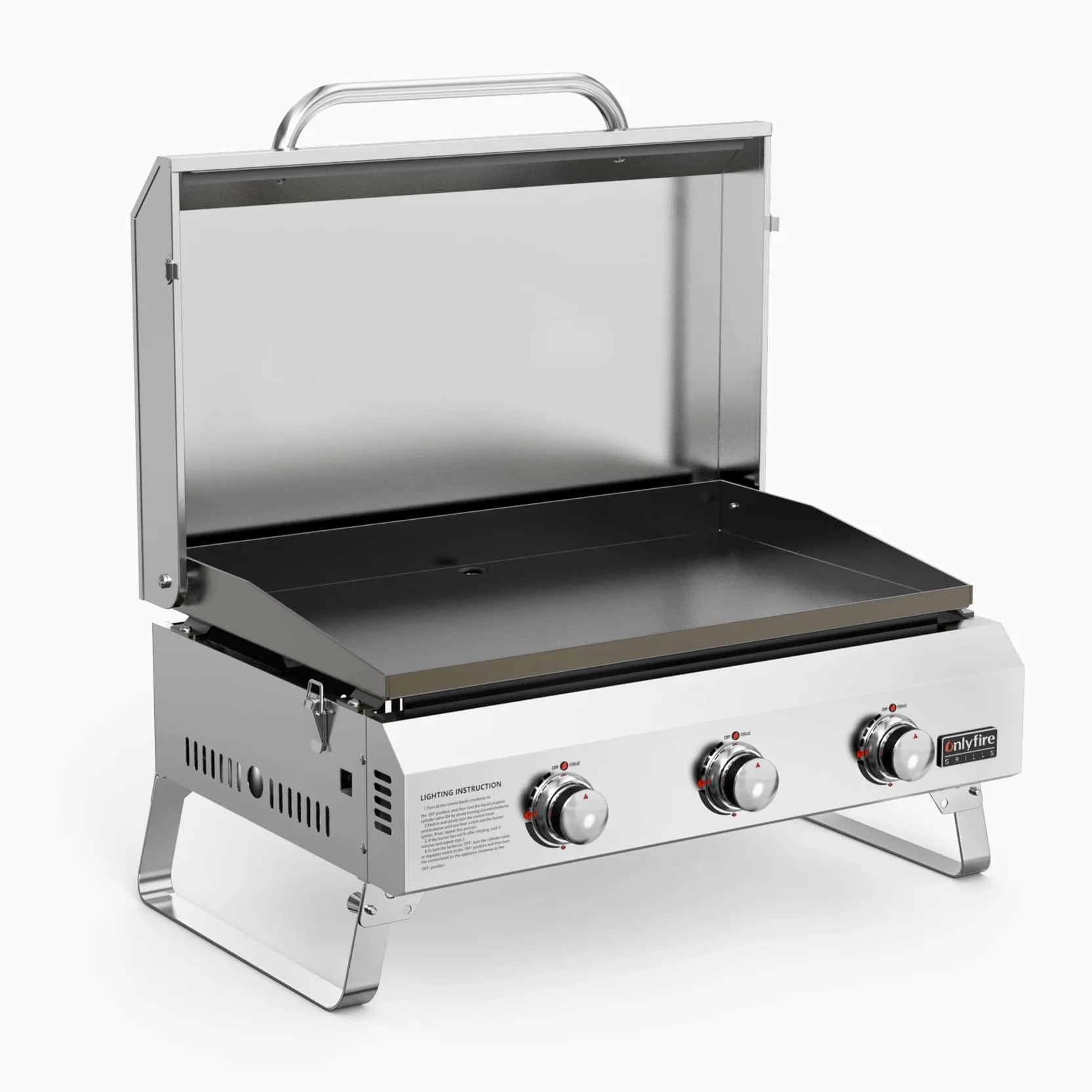 onlyfire Plancha à Gaz de Table en Inox, Barbecue Gaz avec Couvercle et 3 Brûleurs 7kW, Plancha 57x36cm avec Revêtement en Céramique Antiadhésif, Pieds Pliables pour Terrasse, Balcon et Camping