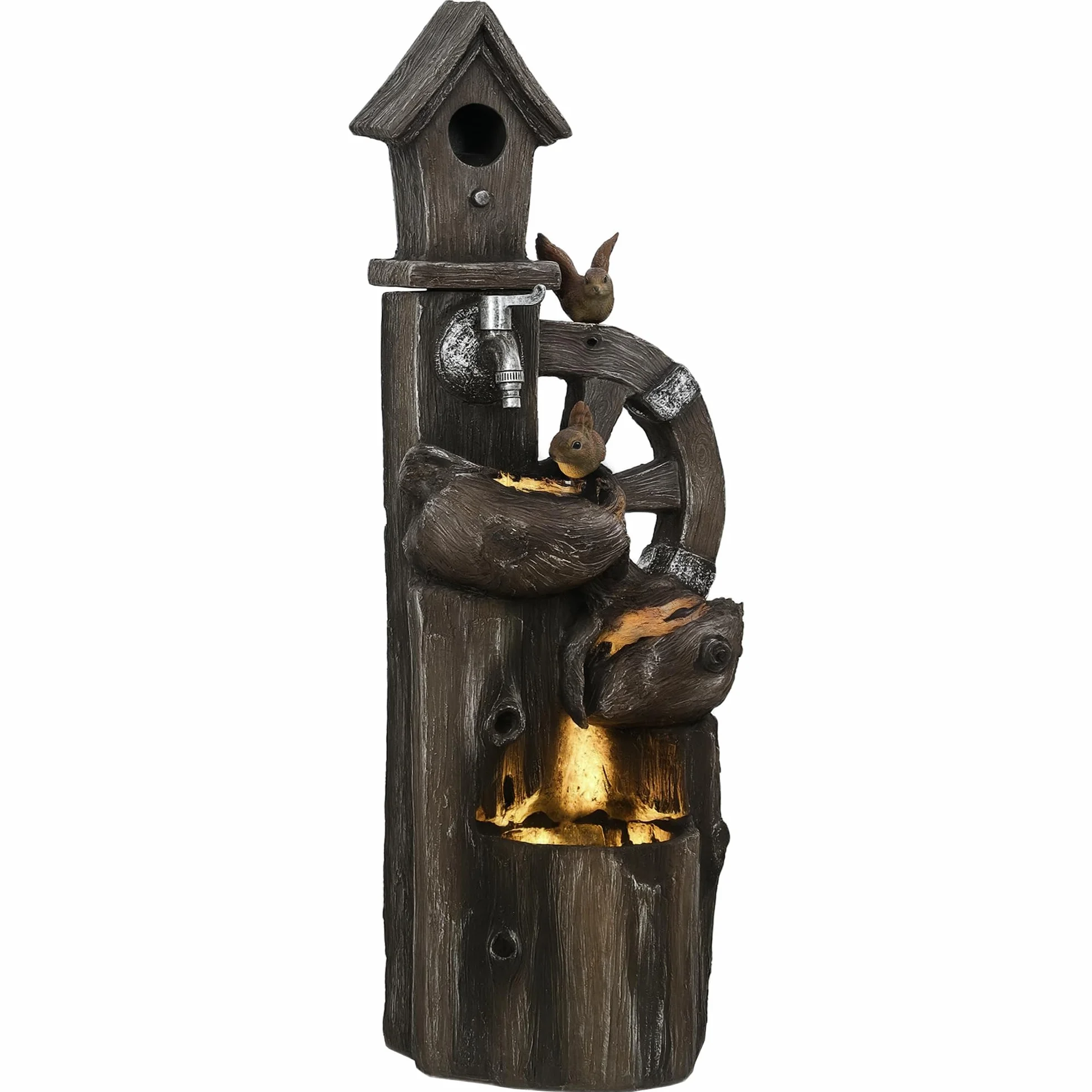 Outsunny Fontaine à eau 2 en 1 avec maison pour oiseaux Fontaine de jardin avec éclairage LED Fontaine décorative en cascade à 4 niveaux pour jardin, patio, terrasse 34,5 x 29,5 x 92 cm Multicolore