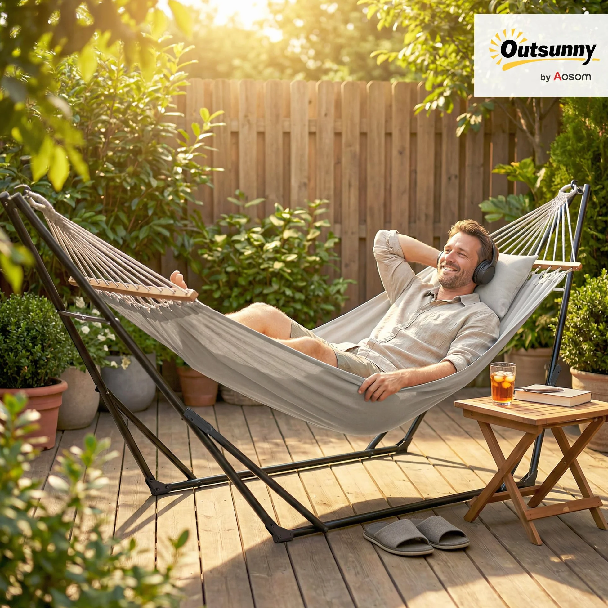 Outsunny Support de Hamac 290 cm, Cadre en Acier Pliable, Portable, Capacité 120 kg, Noir