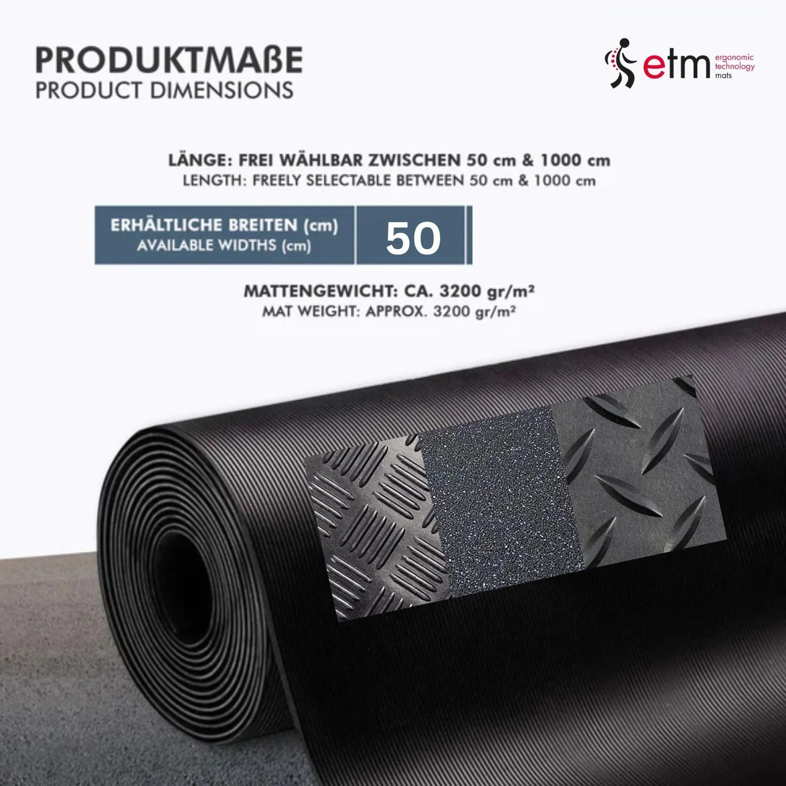 Tapis de protection de câbles 3 mm, caoutchouc, extérieur, carreaux 50 cm, 1 m