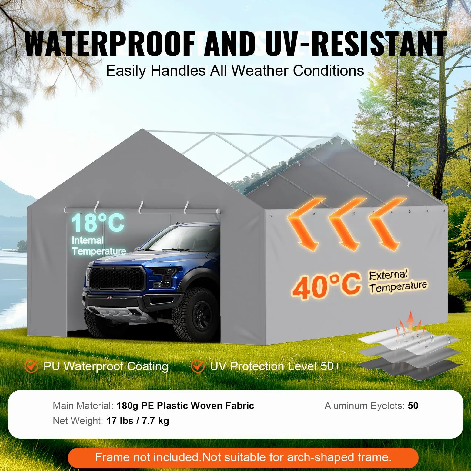 VEVOR Toile d'auvent de rechange pour abri de voiture, 6,1x4 m, bâche de garage paroi latérale, imperméable protégée contre UV, installation facile élastiques à billes, gris (haut et cadre non inclus)