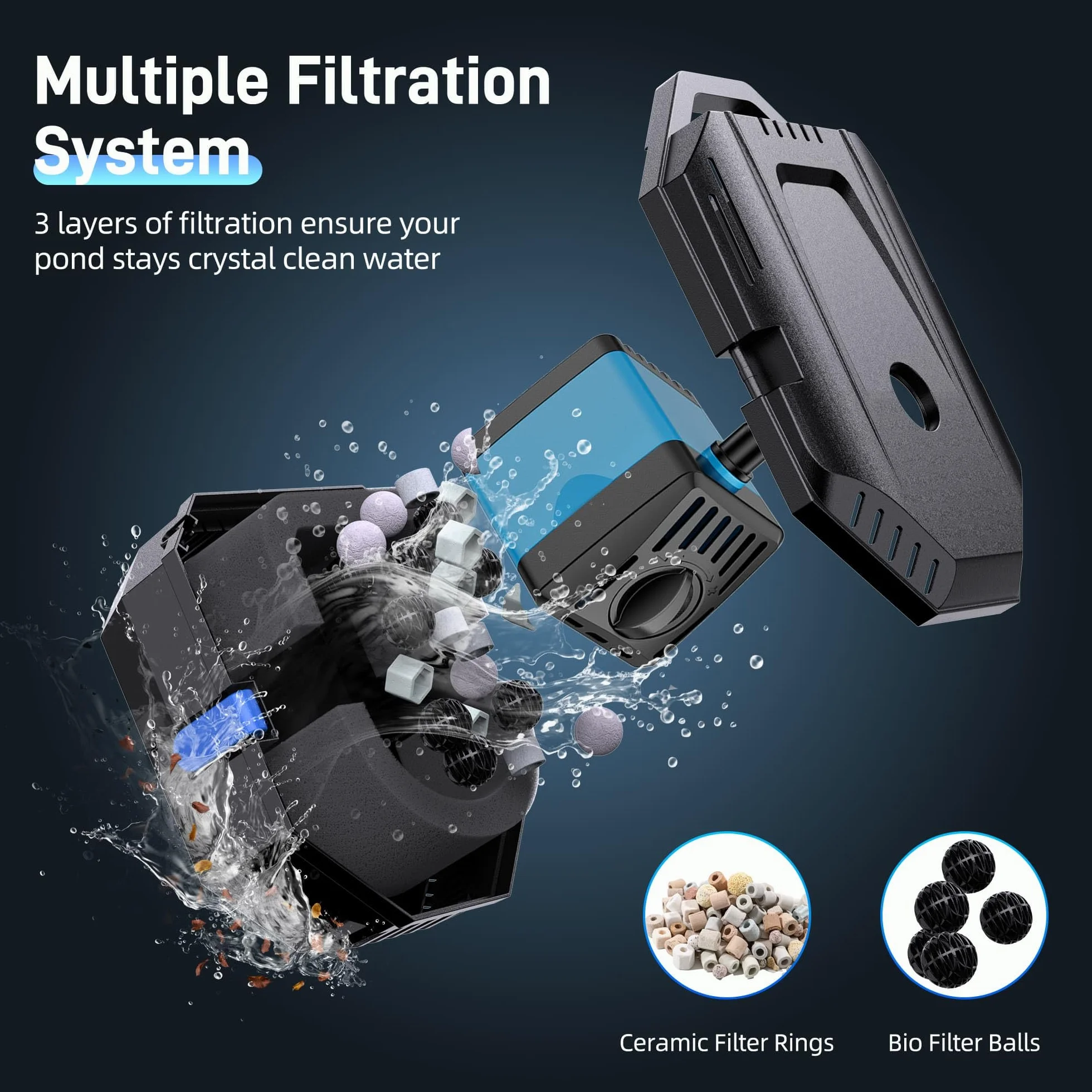 Biling 12W Filtre de Bassin Solaire avec 4 Buses, Pompe Solaire Bassin avec Système de Filtration Bio pour Étang jusqu'à 800L, Fontaine Solaire Extérieure pour Jardin et Balcon, Décoration Écologique