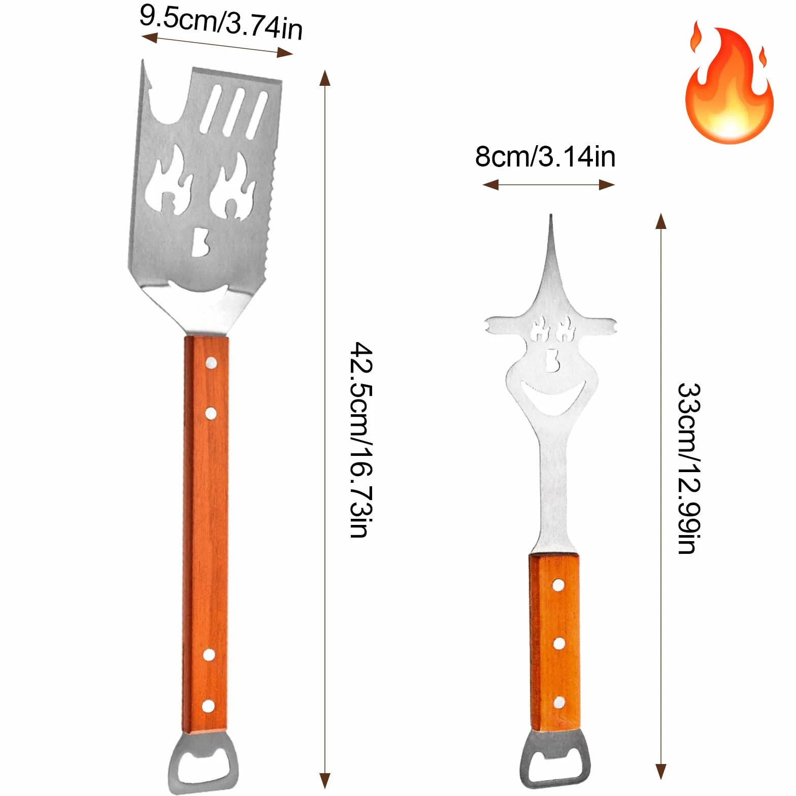 Set Ustensiles Barbecue 8 en 1, Spatule 42 cm et Fourchette 33 cm, Acier Inoxydable, Bois, Décapsuleur