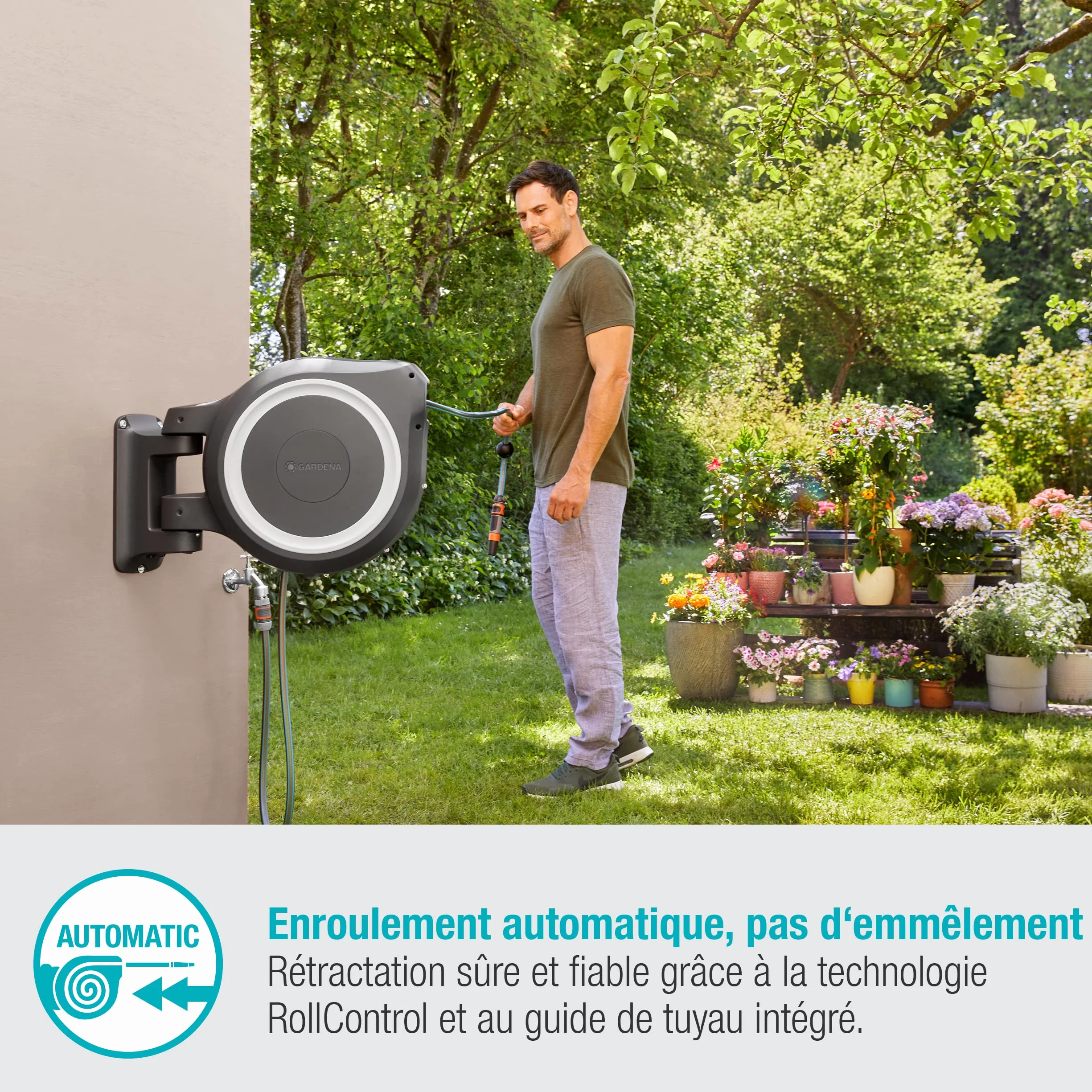Gardena Enrouleur de Tuyau Mural Rollup L 30m Ø13mm Dévidoir pivotant 180° Kit Complet Lance Raccord Tuyau Support Mural Inclus