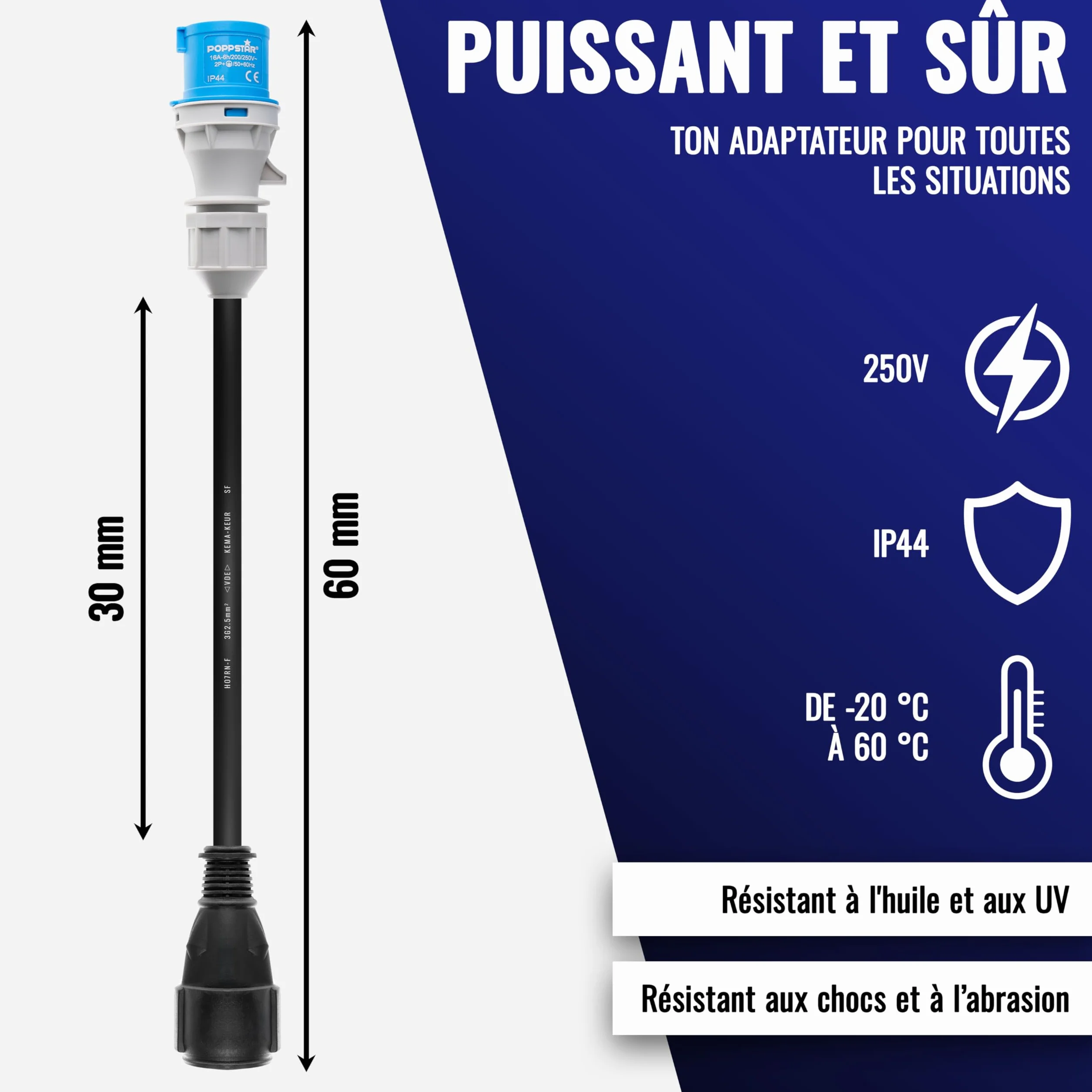 Poppstar Adaptateur CEE 30cm IP44 16A 3 pôles Prise Schuko Femelle Type F H07RN-F 3G2.5