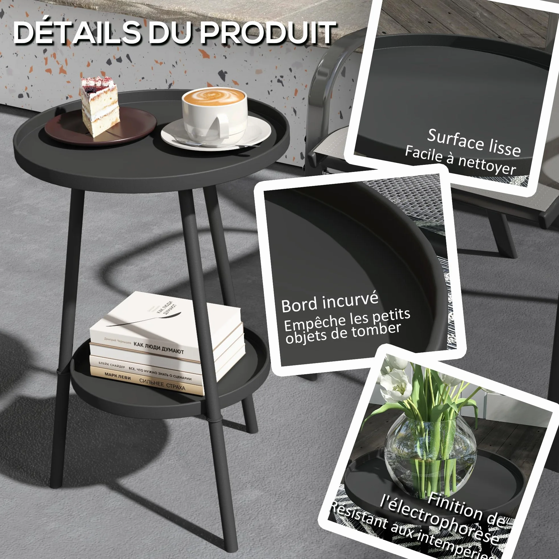 Outsunny Petite Table d'appoint Ronde 2 Niveaux Table de Jardin Métal Noir
