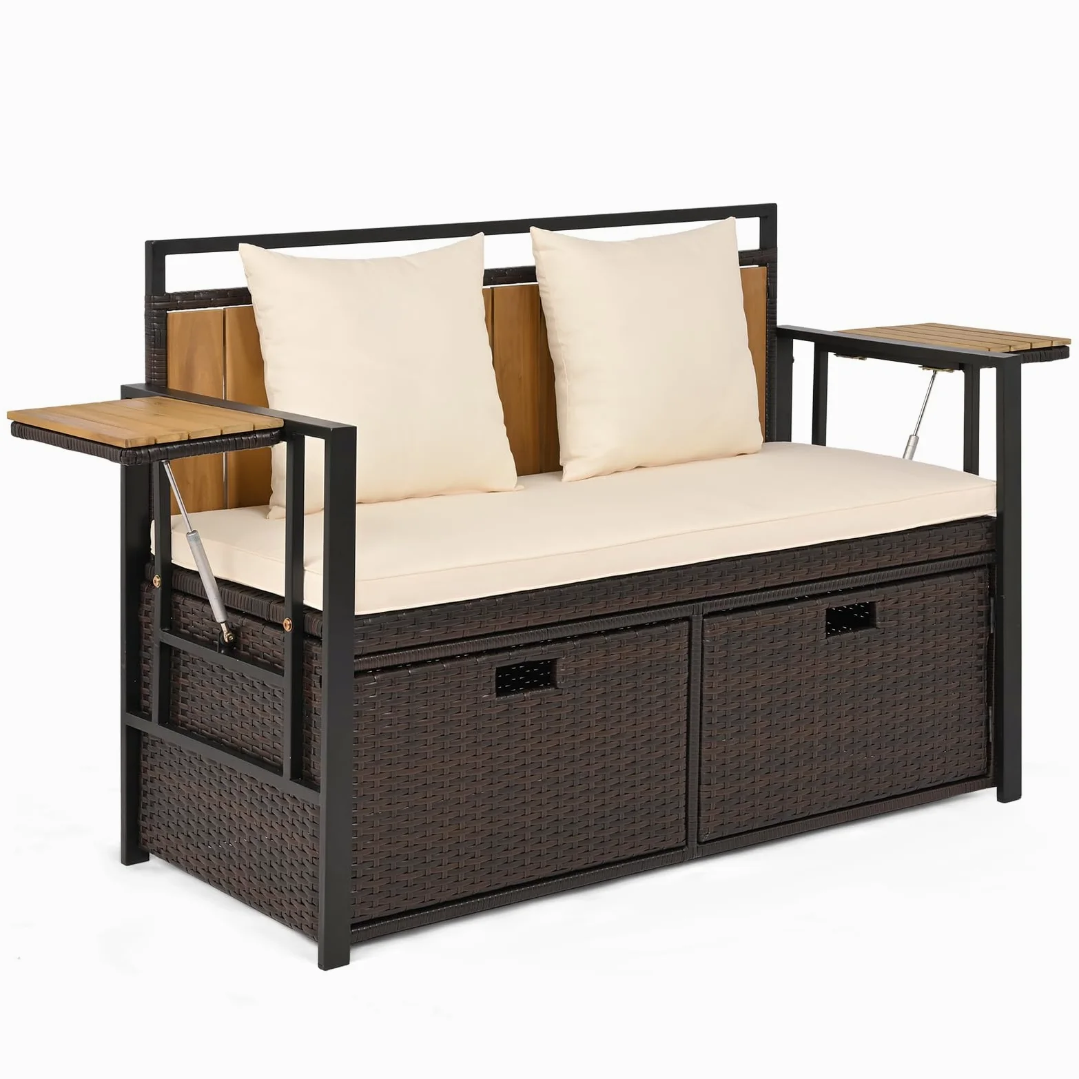 COSTWAY 2 en 1 Banc Coffre Extérieur en Rotin PE, Banc de Jardin 2 Places avec Coussins, Coffre de Rangement 142,5 L, 2 Tables d'Appoint Pliables, Charge 360 kg, pour Terrasse Jardin Balcon (Blanc)