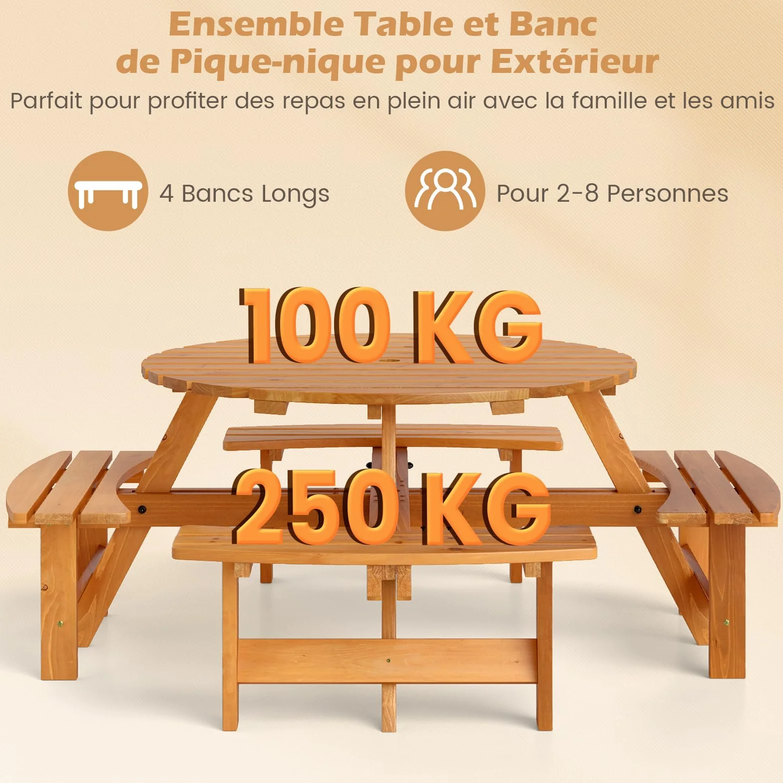 COSTWAY Table de Pique-Nique Bois 2-8 Personnes Set Jardin Bancs Circulaire 4 Bancs Intégrés Parasol 5 cm Jaune 179x179x70 cm