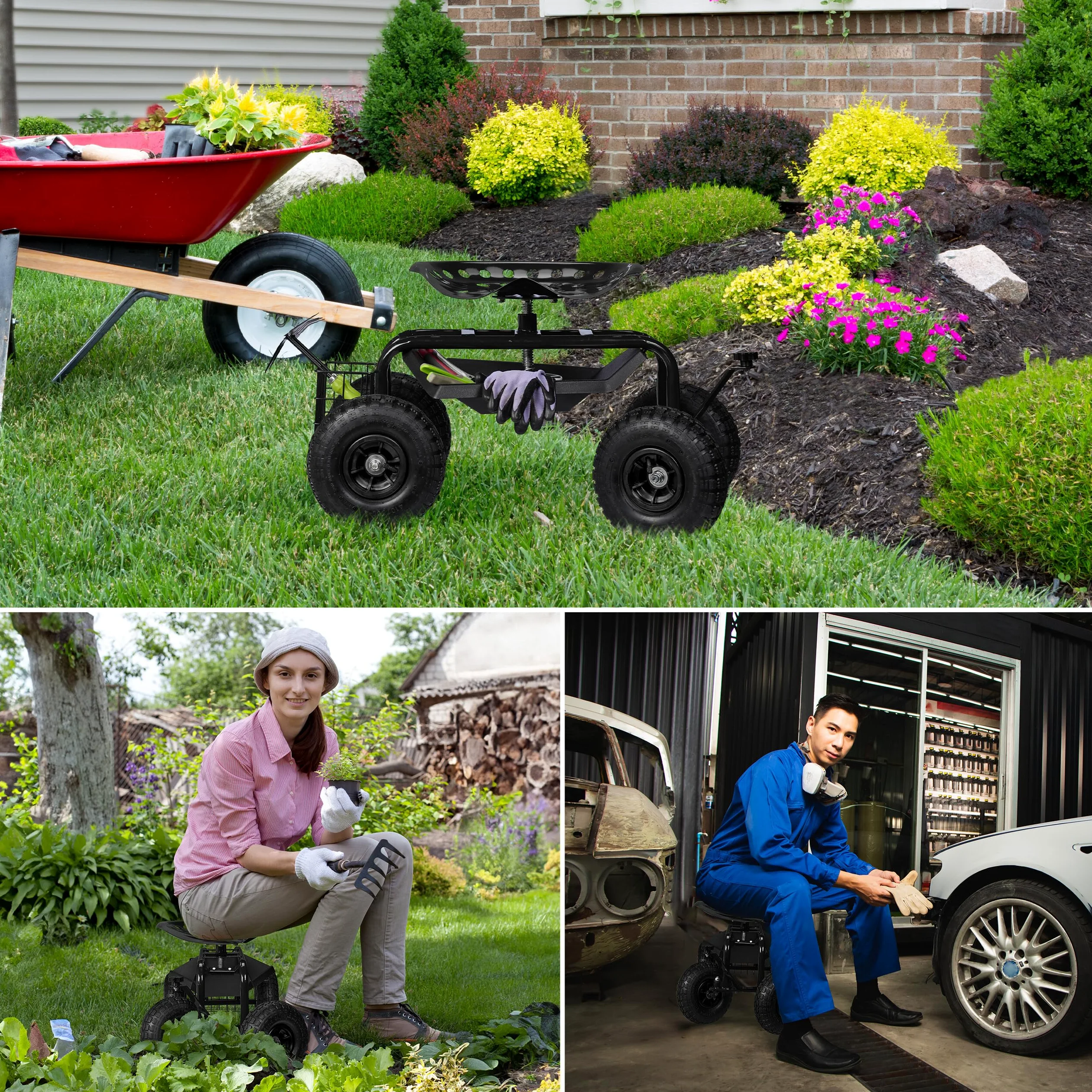 Relaxdays Siège Roulant de Jardin, réglable en Hauteur, 150 kg, Accessoire Jardinage, 4 Roues, Noir