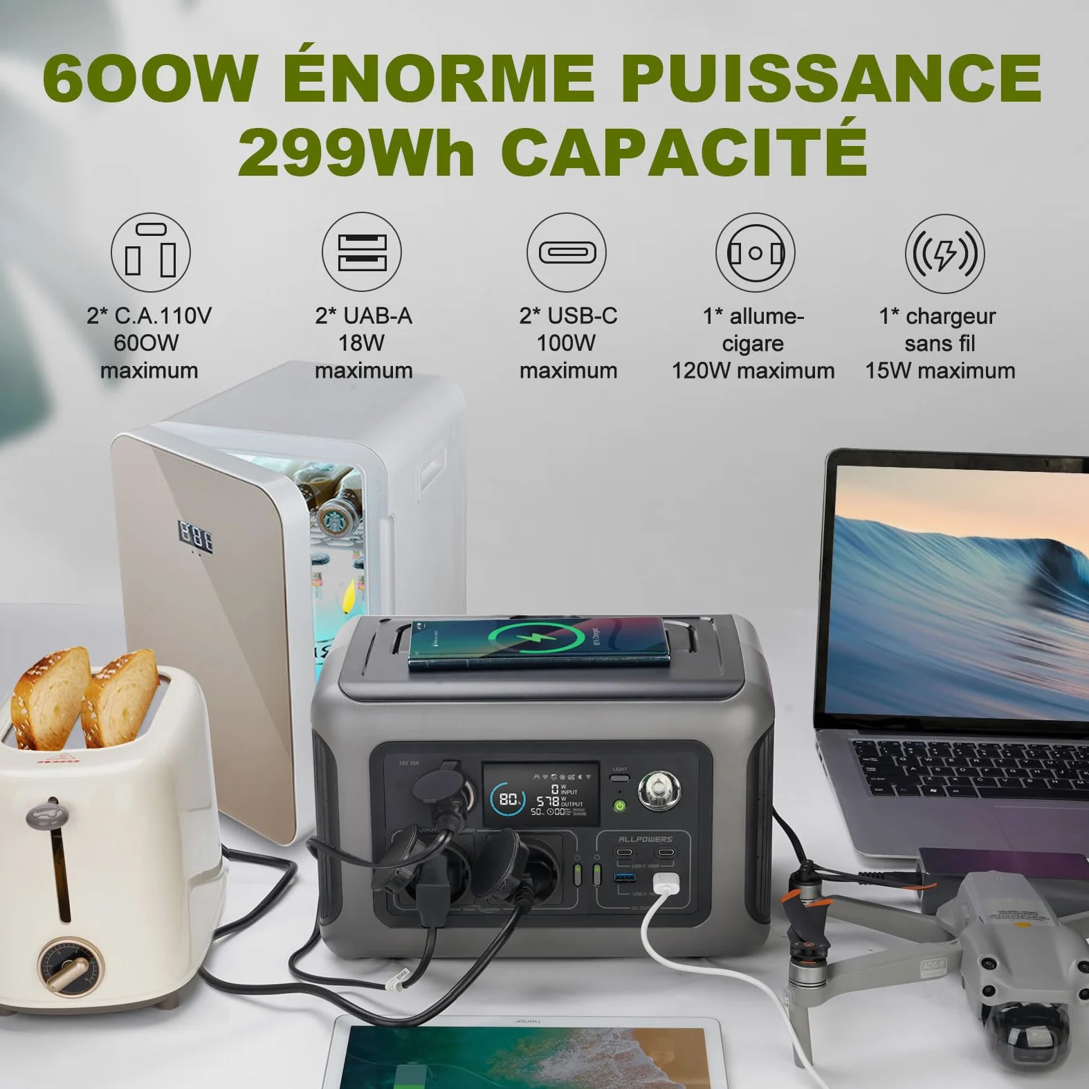 ALLPOWERS R600 Station électrique portable avec panneau solaire 100W, générateur solaire 299Wh avec sortie CA 600W batterie LFP à charge rapide pour le camping