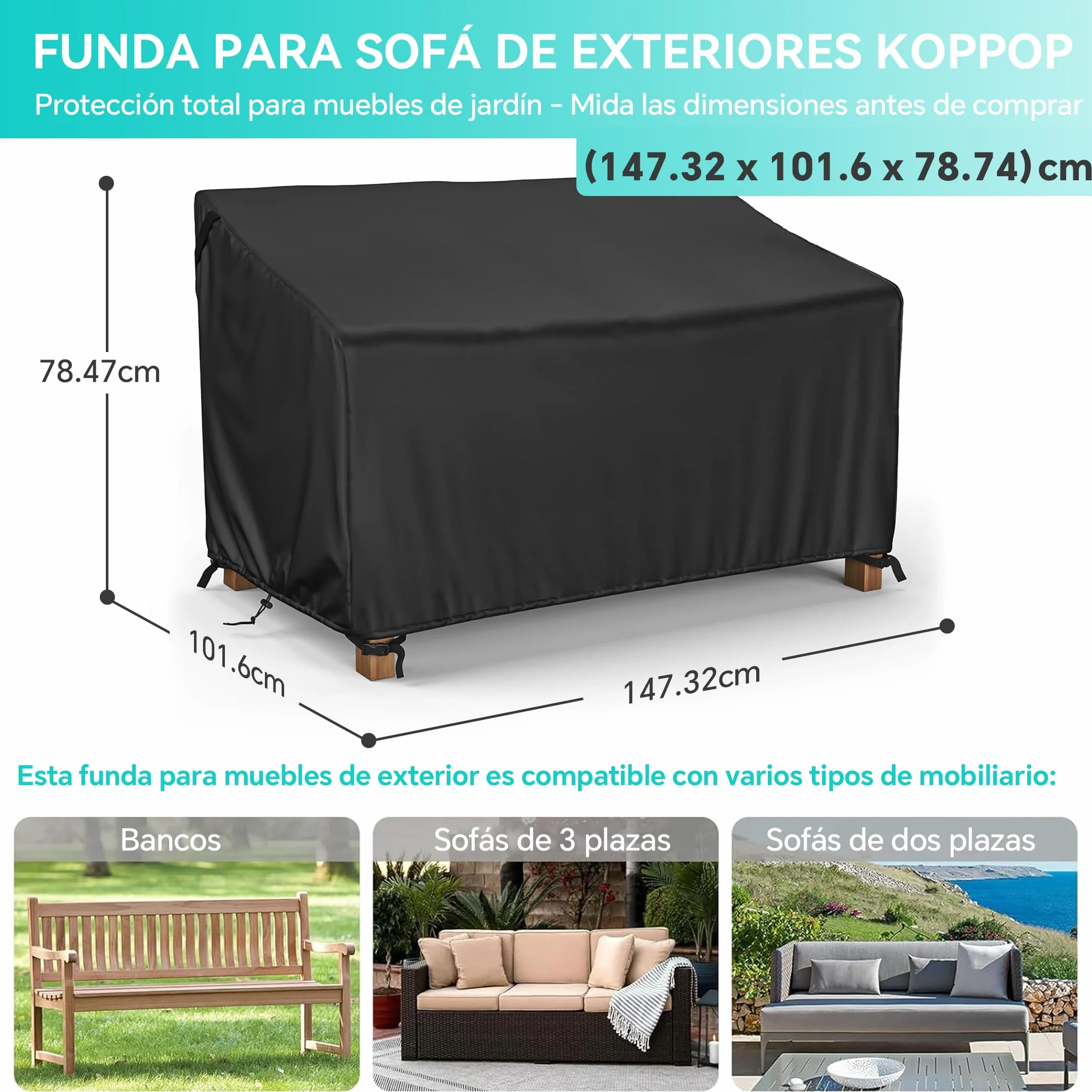Housse de Banc de Jardin Extérieur 600D Oxford Imperméable Anti-UV Coupe-Vent pour Canapé 2 Places (147x83x78/55cm)