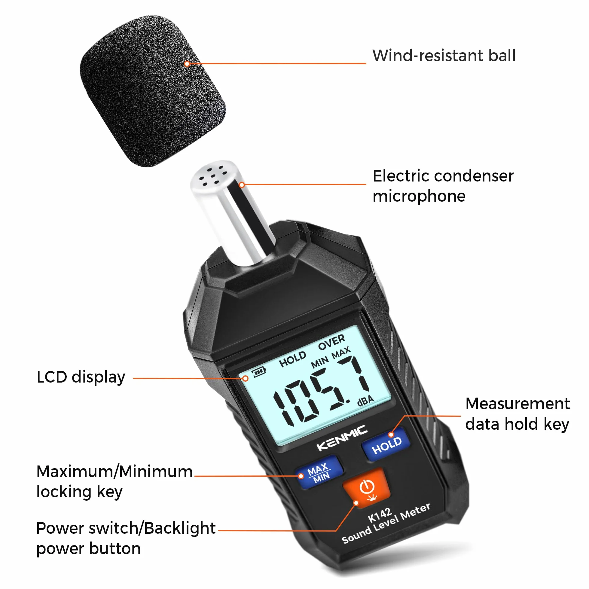 Sonomètre Numérique dB portable 35-130 dB(A) écran LCD rétroéclairé pour maison, classe, atelier
