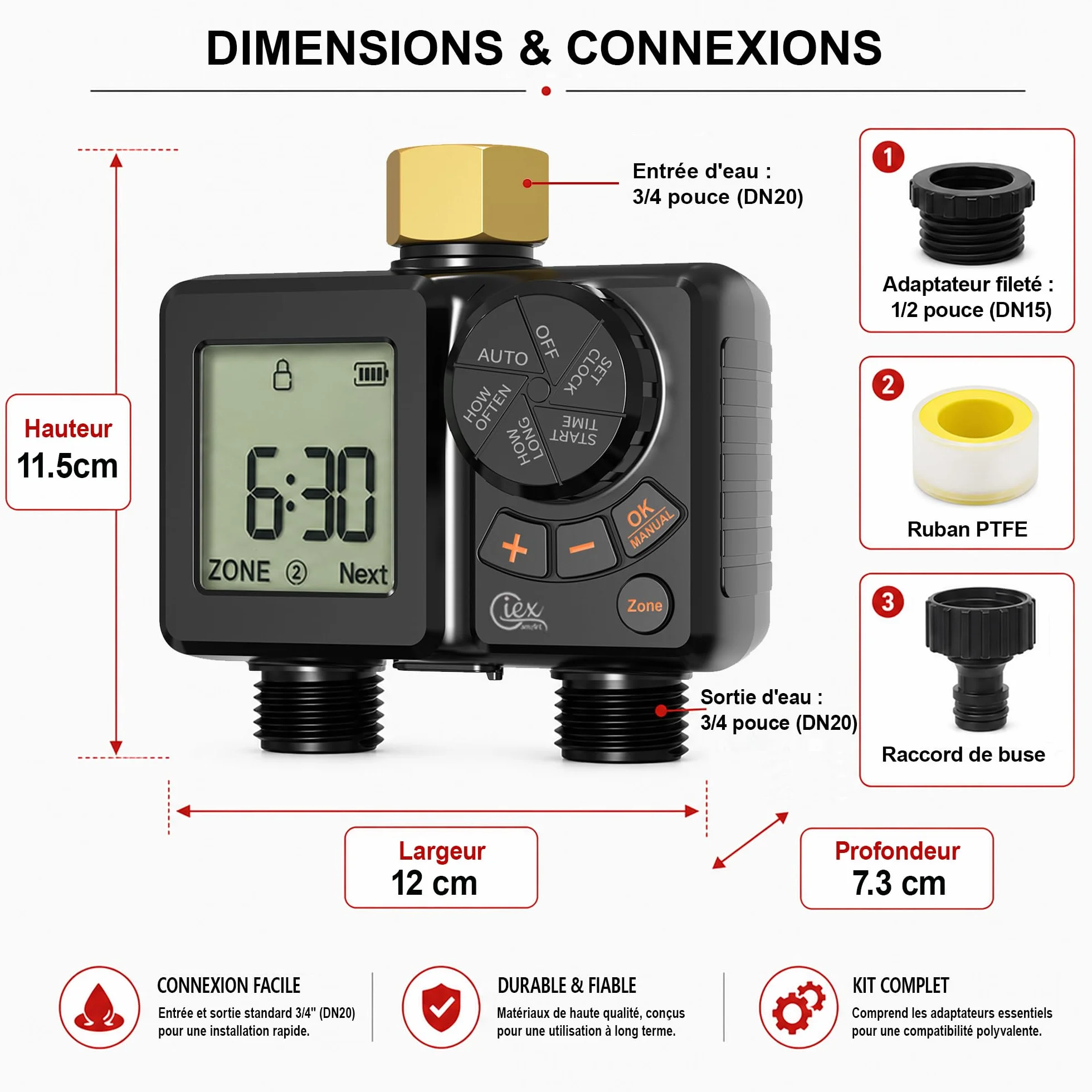 GIEX Ordinateur d'arrosage 2 voies, minuterie d'arrosage rechargeable 2 zones avec connecteur en laiton, minuterie d'eau programmable avec IP66, retard de pluie et irrigation manuelle pour jardin