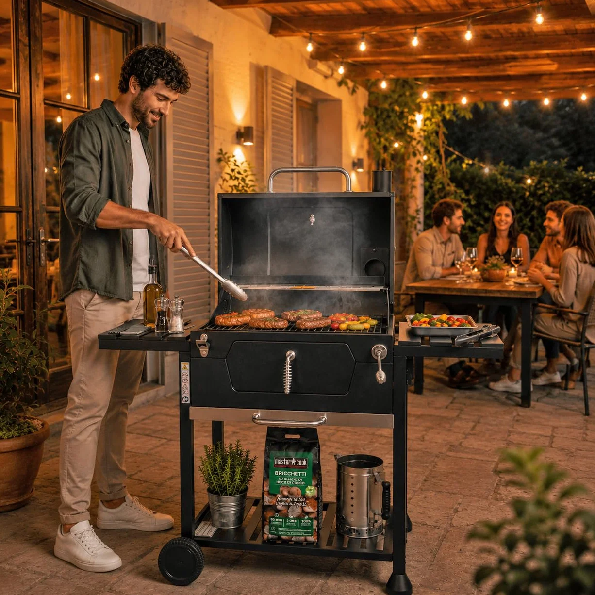 BRIGROS La voglia di fare MasterCook Barbecue à charbon en acier avec roues robustes et stables avec double grille, thermomètre et réglage panier barbecue, barbecue charbon avec étagères latérales