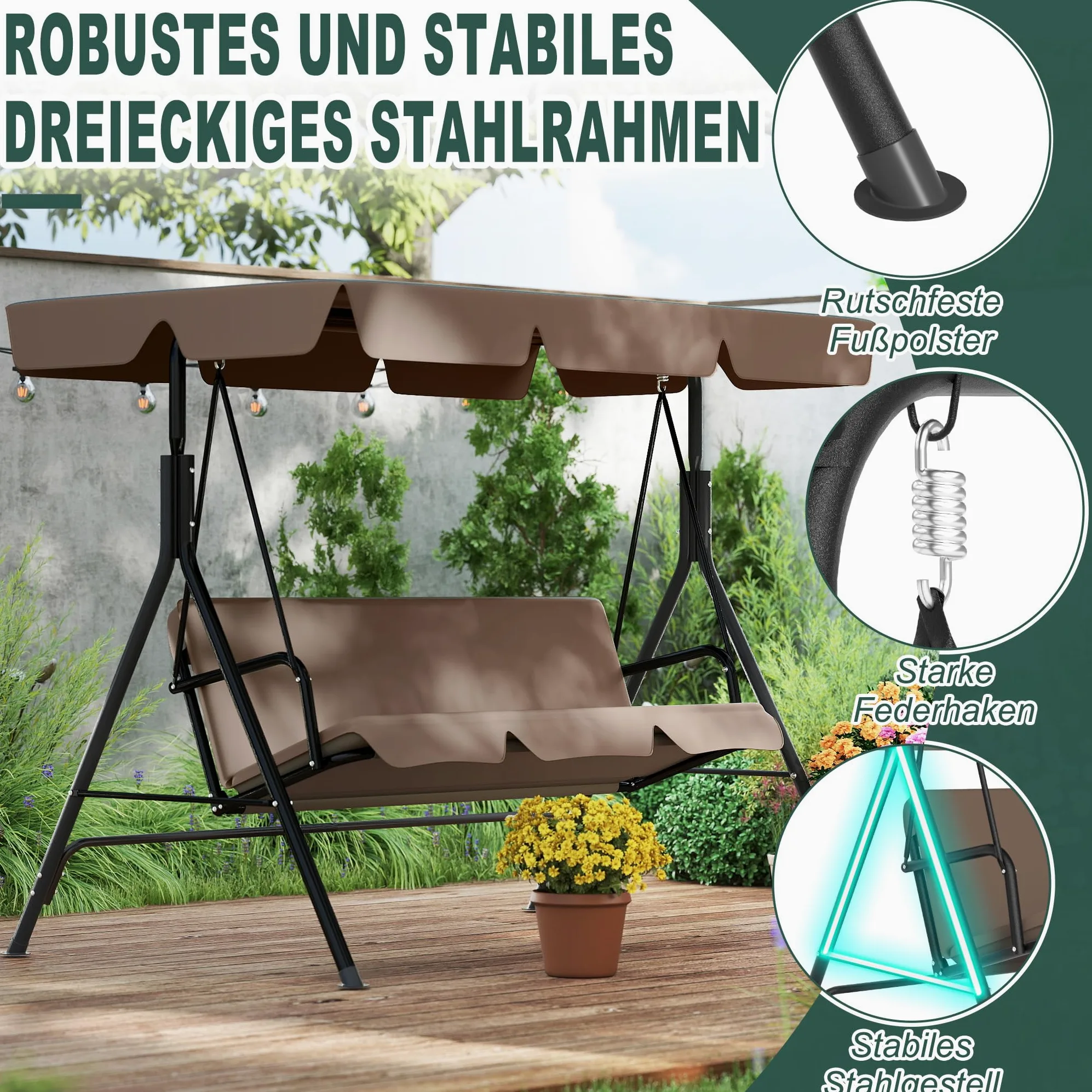 LZQ Balançoire Hollywood 3 places résistante aux intempéries - Avec toit réglable - 176 x 110 x 152 cm - Charge maximale : 200 kg - Pour extérieur, intérieur et extérieur, marron foncé
