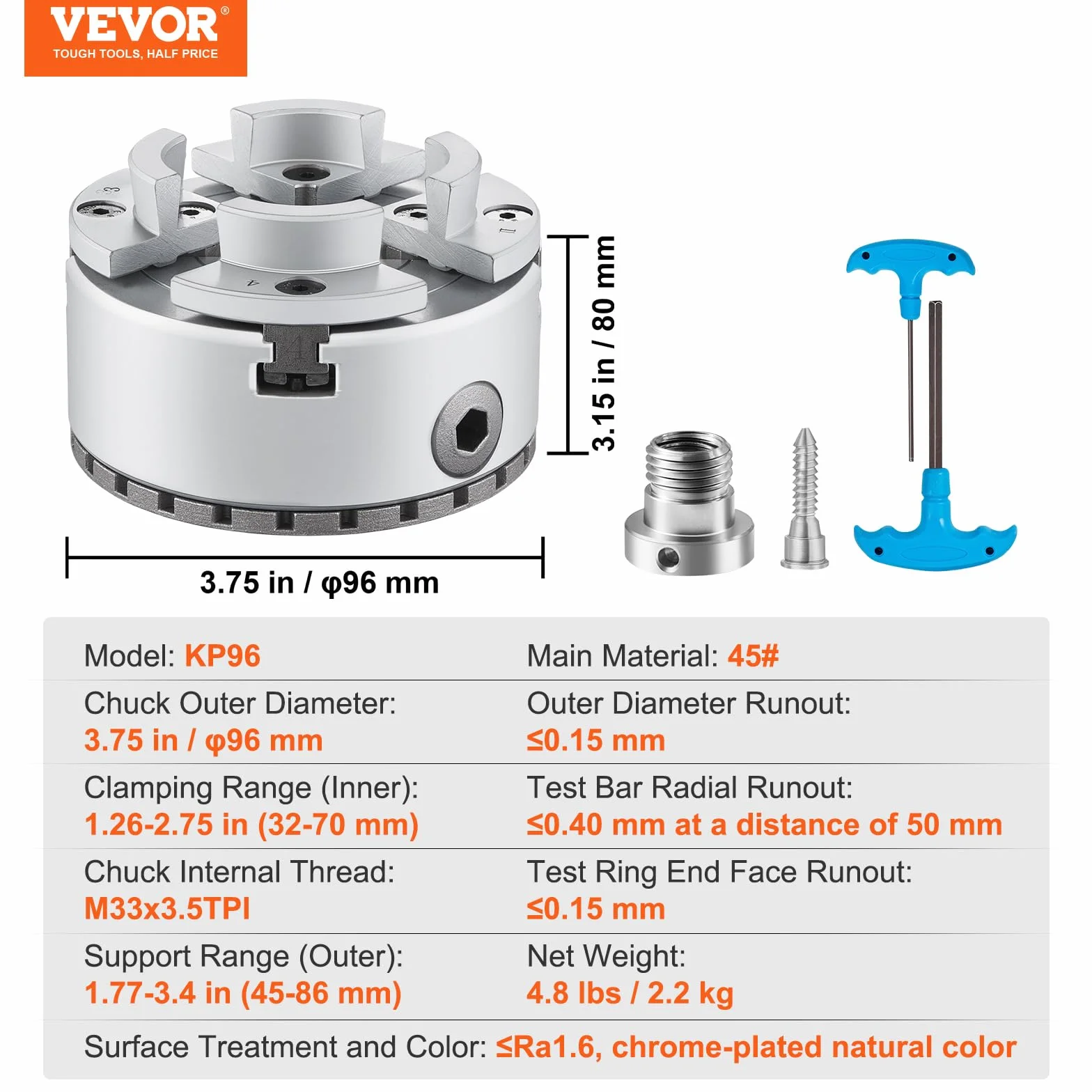 Mandrin Tour à Bois VEVOR φ 96 mm 4 Mâchoires KP96 à Centrage Automatique avec Clé en T