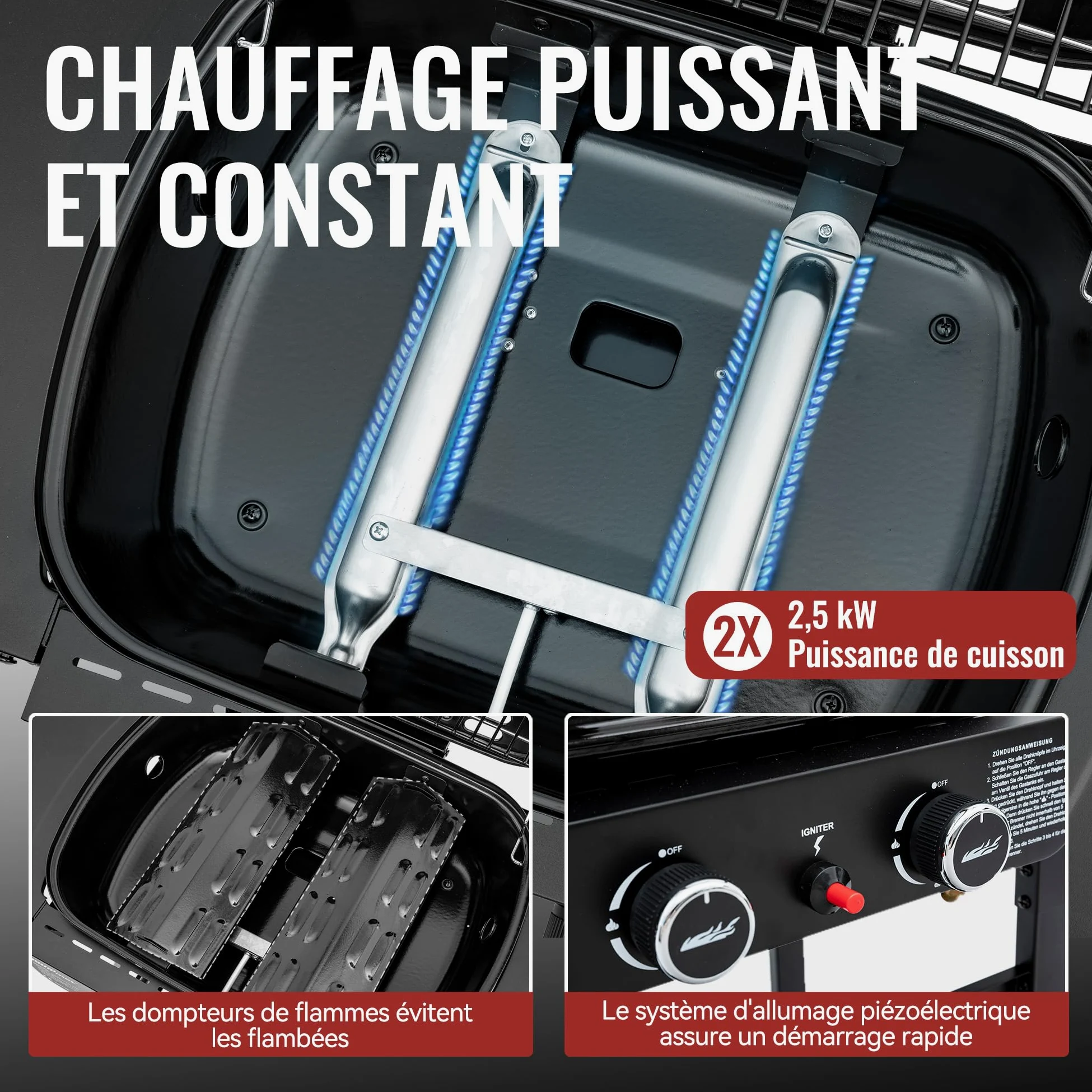Royal Gourmet 2 Brûleurs Barbecue Gaz sur Chariot, 2 en 1 Plaque et Grille Combinés avec Tables Latérales Pliables et Couvercle, Puissance 5kW, Adapté pour Jardin et Camping, Noir