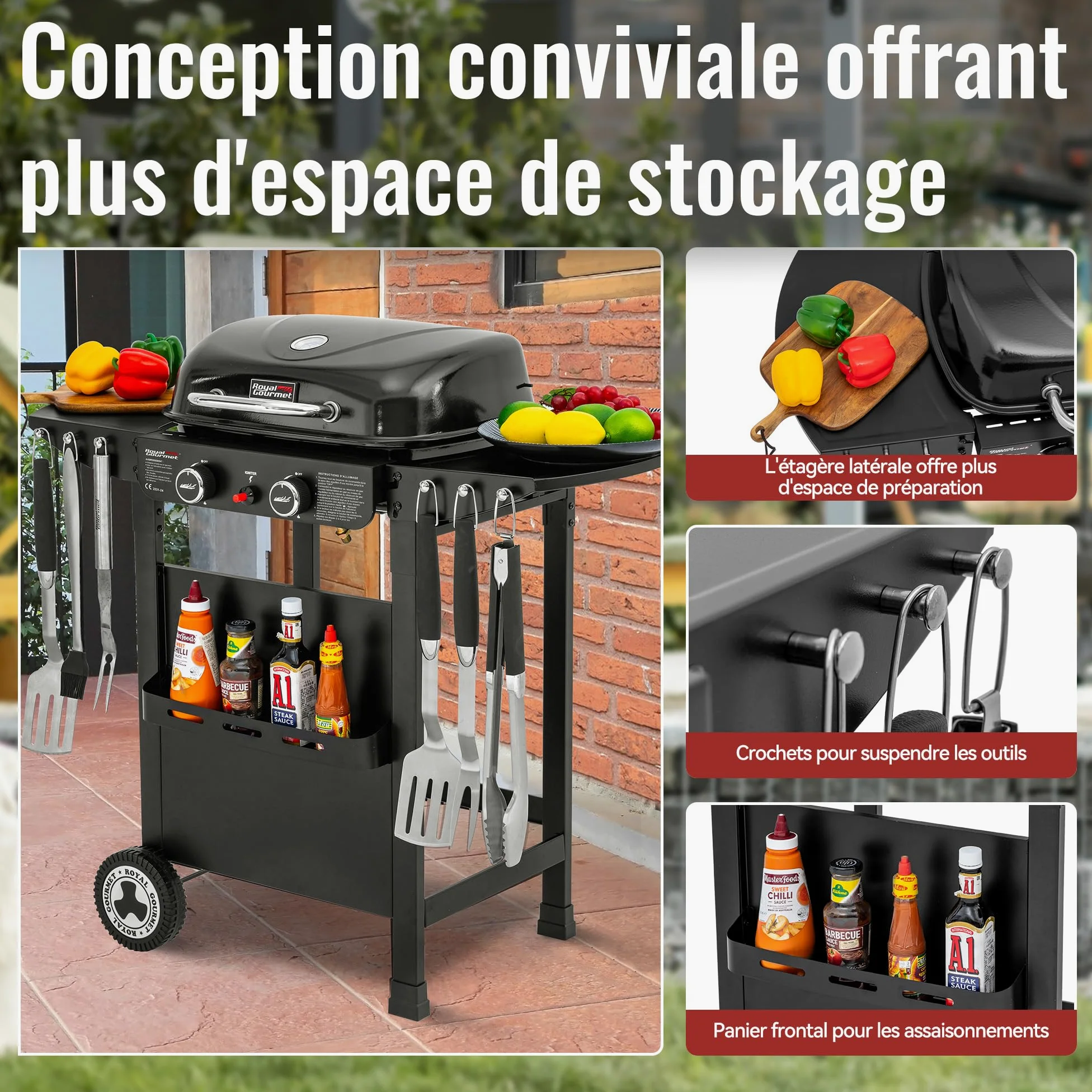 Royal Gourmet 2 Brûleurs Barbecue Gaz sur Chariot, 2 en 1 Plaque et Grille Combinés avec Tables Latérales Pliables et Couvercle, Puissance 5kW, Adapté pour Jardin et Camping, Noir
