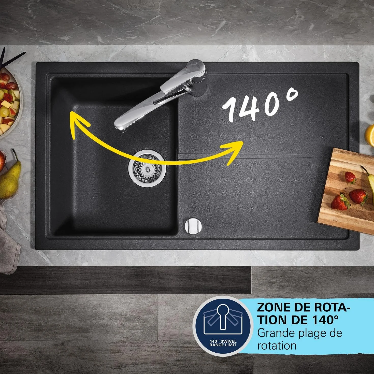 GROHE StartEco Mitigeur Monocommande Évier, Robinet Cuisine, Bec Bas, Rotation 140°, Chromé