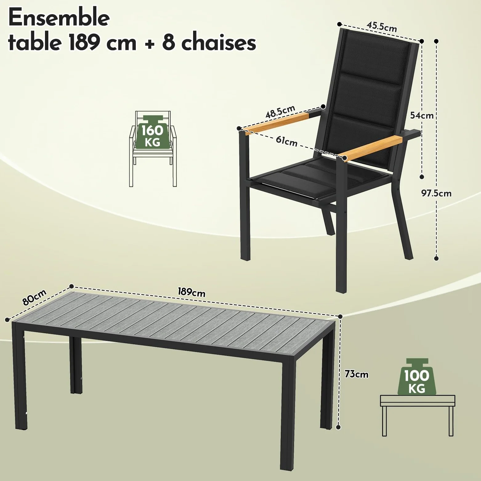 Devoko Salon de Jardin Exterieur 8 Personnes, HDPS Table de 189 cm et 8 Chaises Empilable d'Extérieur en Aluminium Durable, Design à Veine de Bois, Idéal pour Cour, Terrasse ou Bord de Piscine, Gris