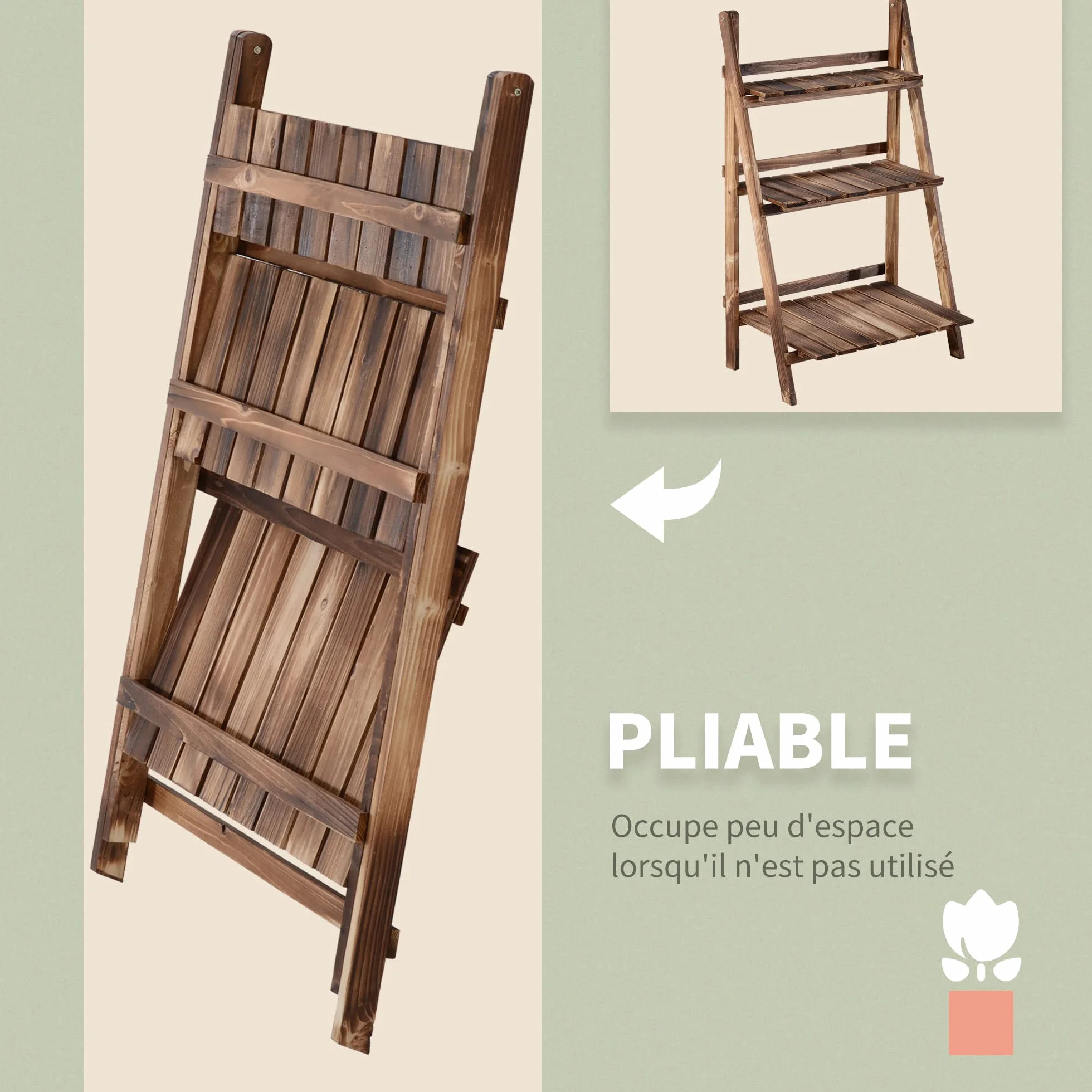 Outsunny Étagère à Fleurs 3 Niveaux Pliable Bois de Sapin 60 x 37 x 93 Cm Charge 50 Kg