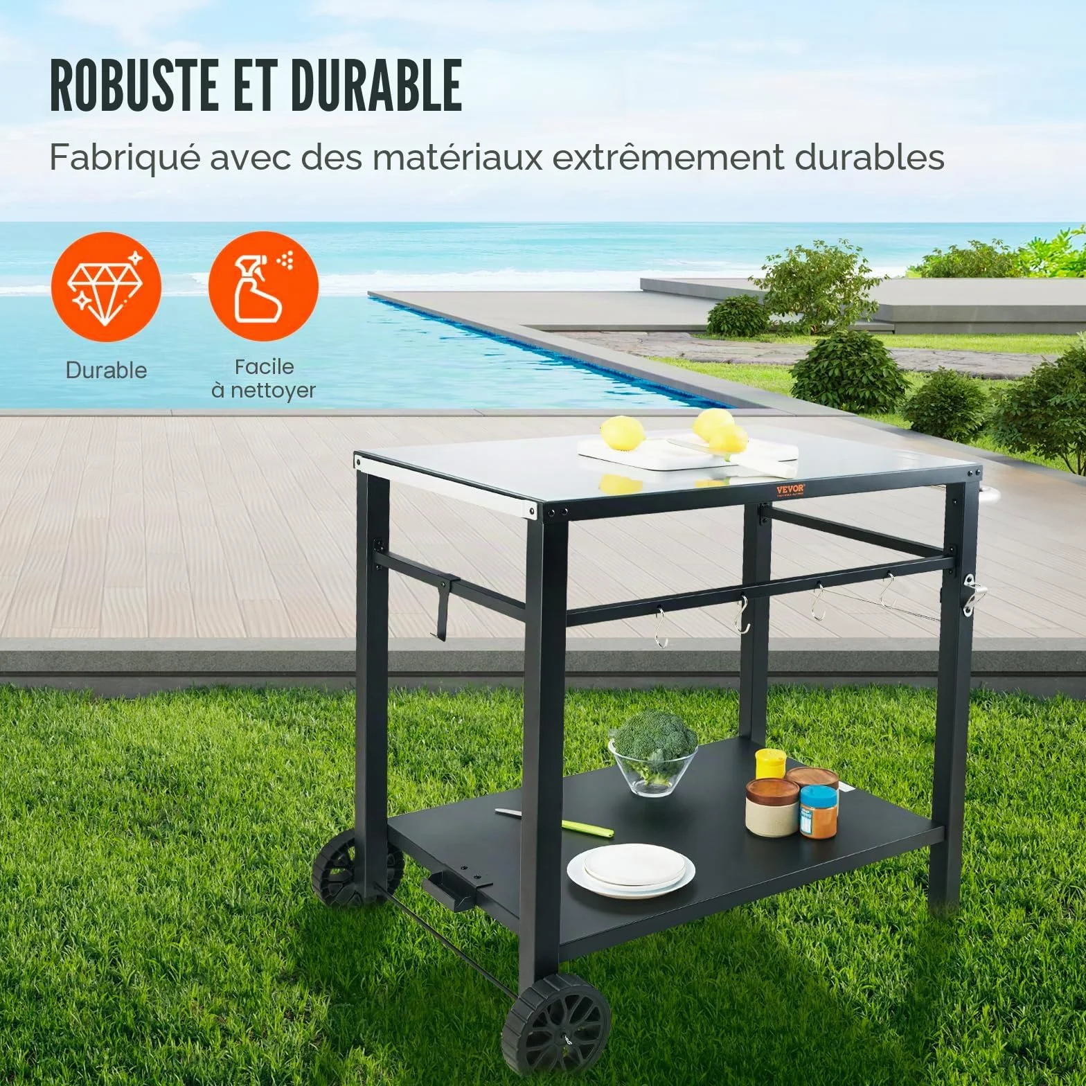 VEVOR Desserte Plancha 2 Niveaux Chariot Barbecue Table sur Roulettes 85x55x83,5 cm