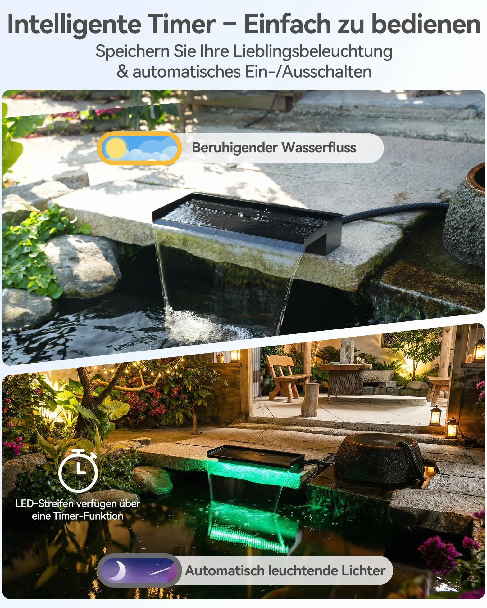 POPOSOAP Kit Cascade Bassin Acier Inoxydable 60cm Pompe Eau 4500 L/h Lumières LED Télécommandées Tuyau Ondulé 3m