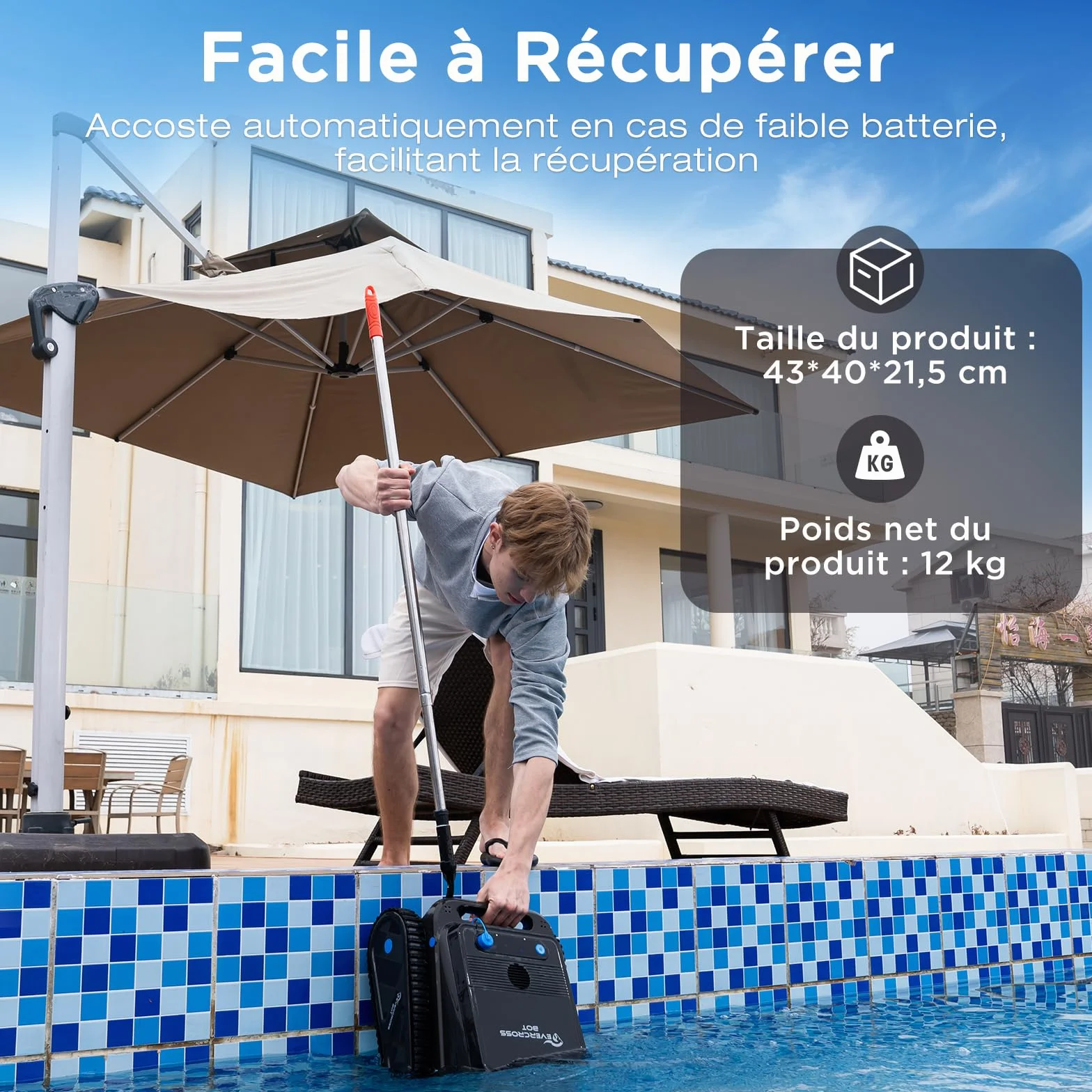 Robot Piscine Fond et Parois sans Fil 120 Min Autonomie 200㎡ Navigation Intelligente