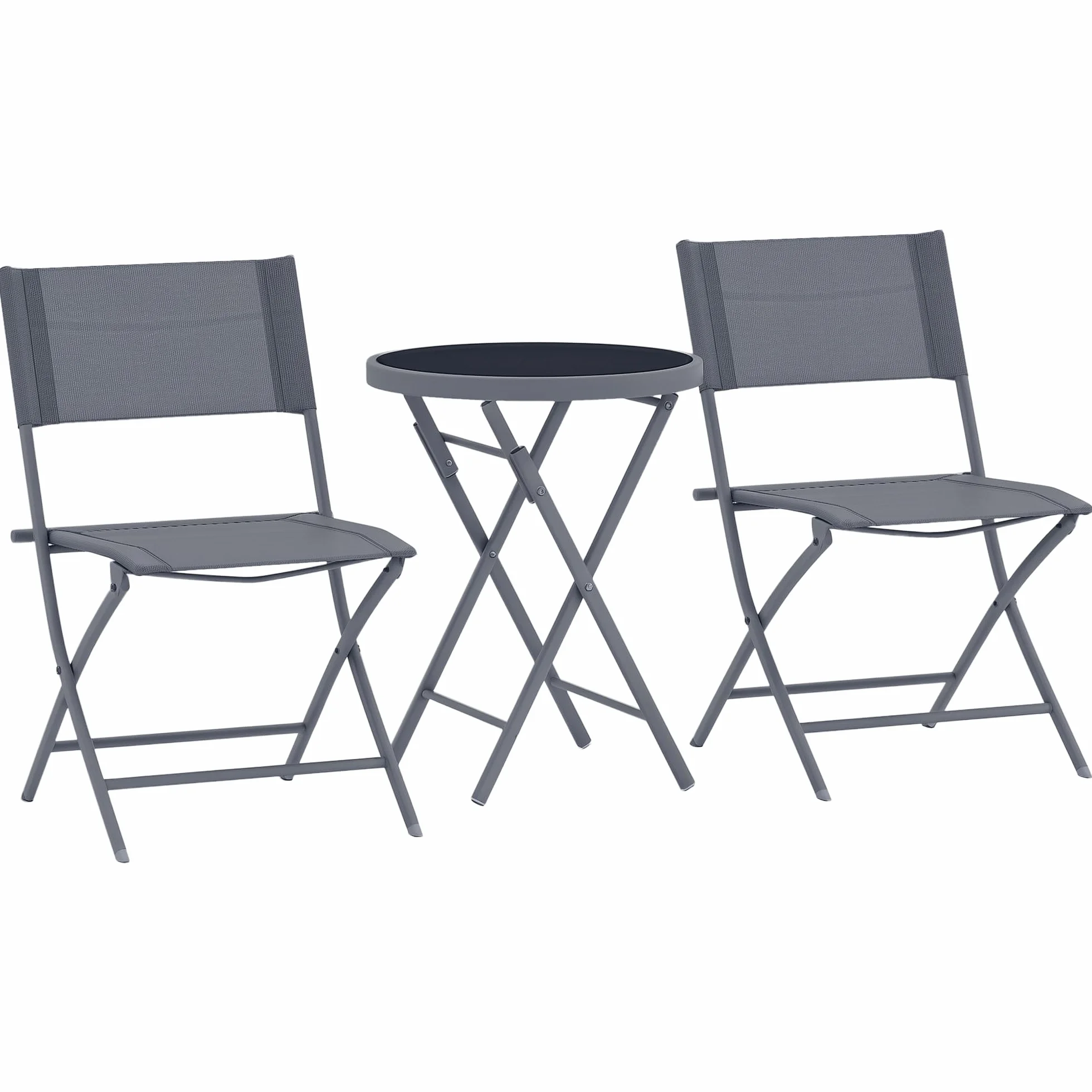 Outsunny Ensemble de bistrot 3 pièces Pliable en métal, 2 chaises et 1 Table Ronde, Salon de Jardin extérieur 2 Personnes, Table de Jardin extérieur avec chaises pour Jardin, terrasse, Balcon, Gris