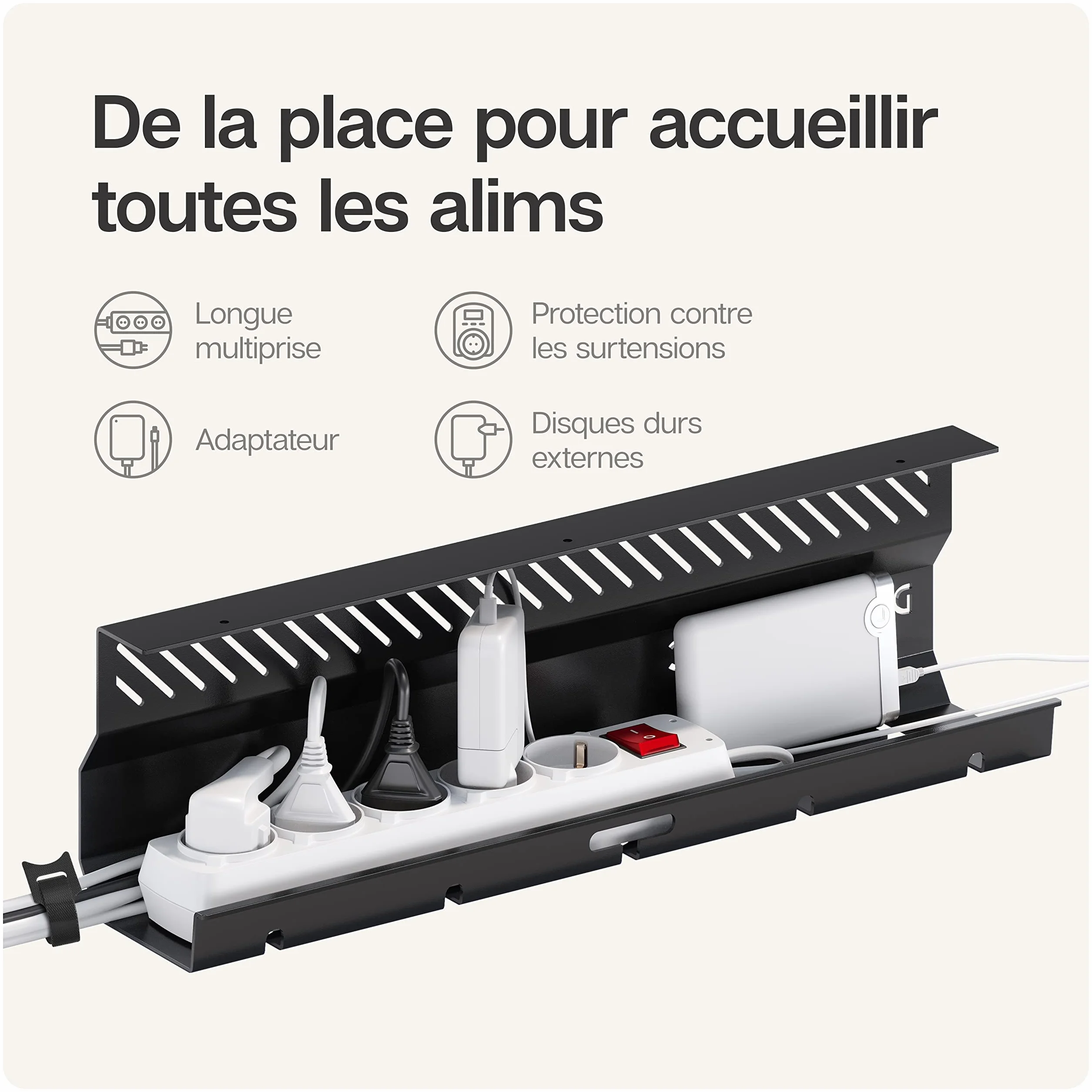Lot de 2 Goulottes de Câbles de Bureau en Acier Inoxydable avec 5 Découpes - Noir