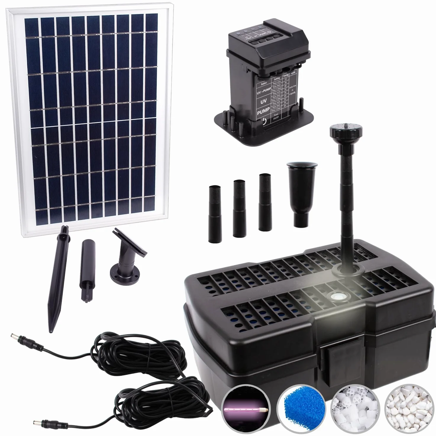 AMUR Kit Pompe Fontaine Solaire de Bassin avec Bac de Filtration UV Anti-Algues, Batterie Li-ion, Panneau Solaire Cadre Alu Robuste (Aqua-vital 9-uv-c)