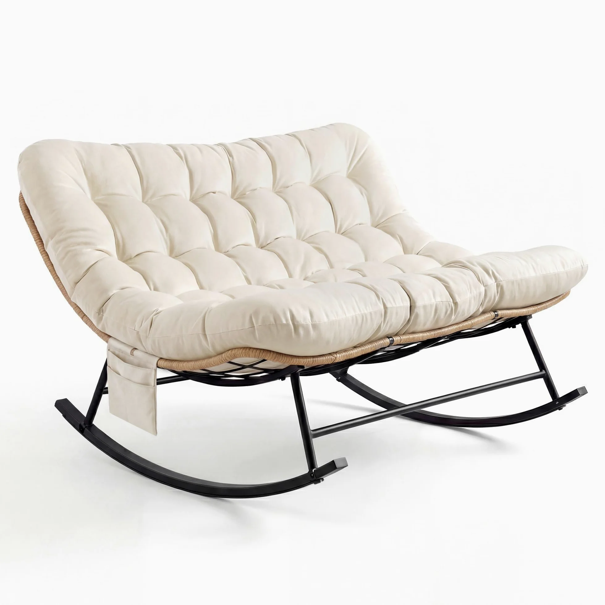 Garvee Fauteuil à Bascule Double Robuste 450 lbs – Dossier rembourré – Tissu imperméable – Cadre métal – Idéal Jardin, terrasse, Salon – Mobilier Moderne – Rotin Jaune et Coussins Beige Clair