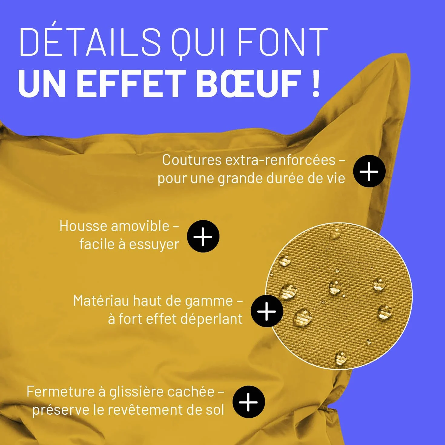 Lumaland Pouf géant XXL 140 x 180 cm - Coussin de couchage imperméable pour l'intérieur et l'extérieur avec plus de 3 millions de perles EPS adaptatives - Bean Bag avec housse lavable - Jaune moutarde