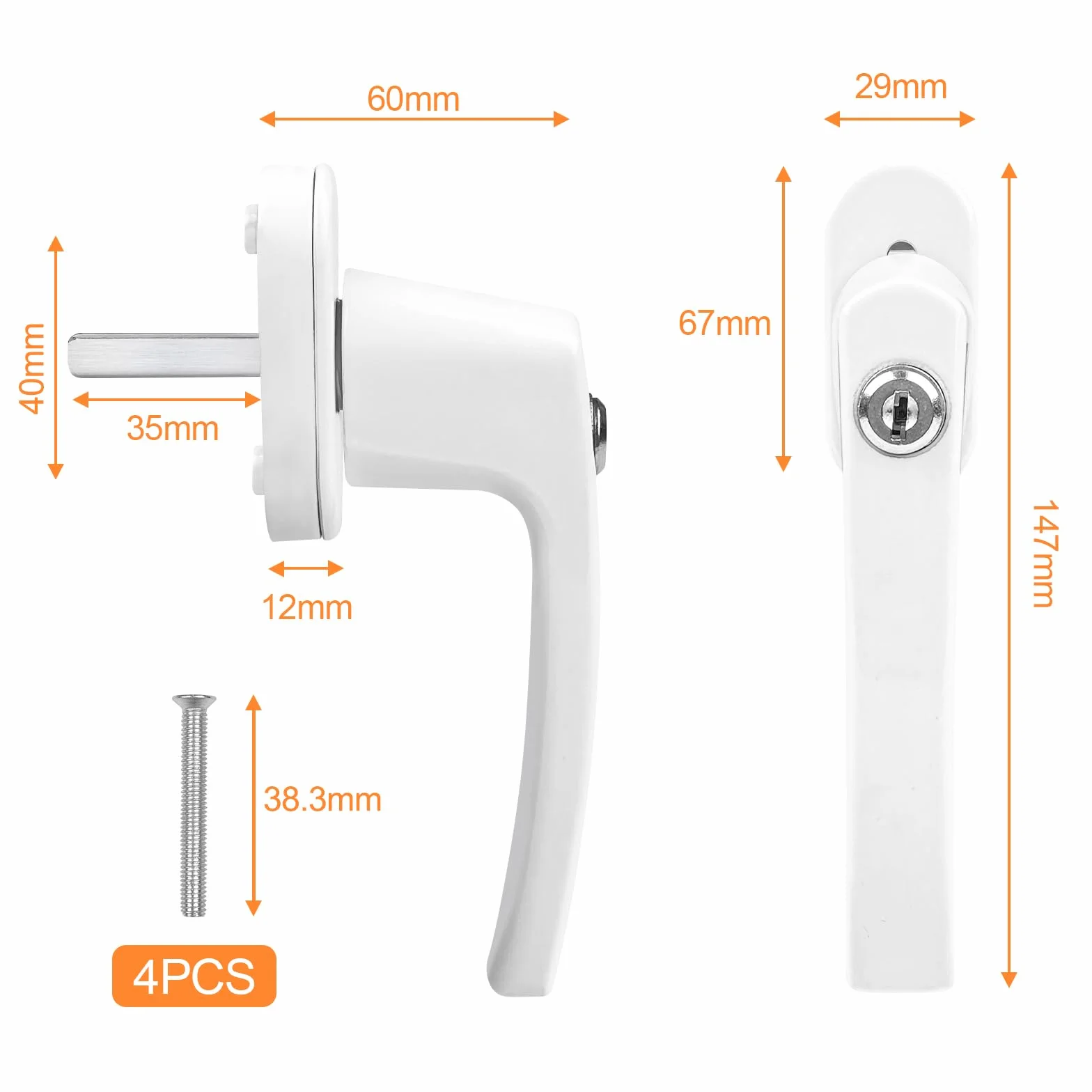 Avesteir Poignée de fenêtre à clé en Aluminium, Verrouillable pour Sécurité Enfant, Poignée de Porte avec Vis (Blanc)